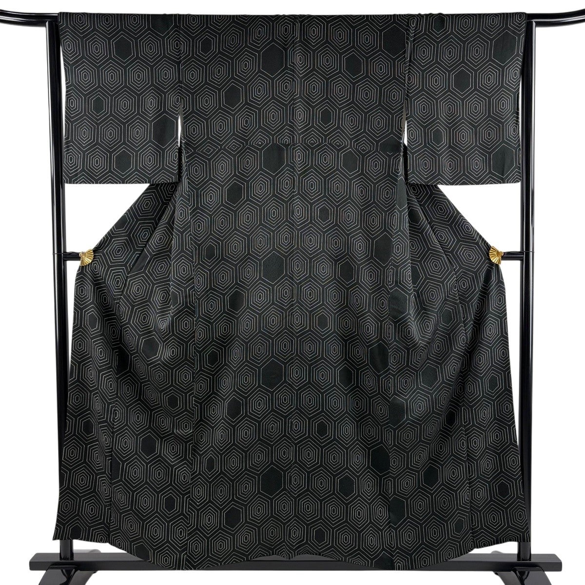 美品】 小紋 身丈162cm 裄丈64cm M 袷 桜 麻の葉 金彩 灰緑 正絹 優品