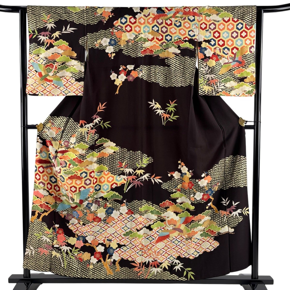 訪問着 身丈156.5cm 裄丈63cm S 袷 鶴 松竹梅 金糸 金彩 茶紫 正絹 秀