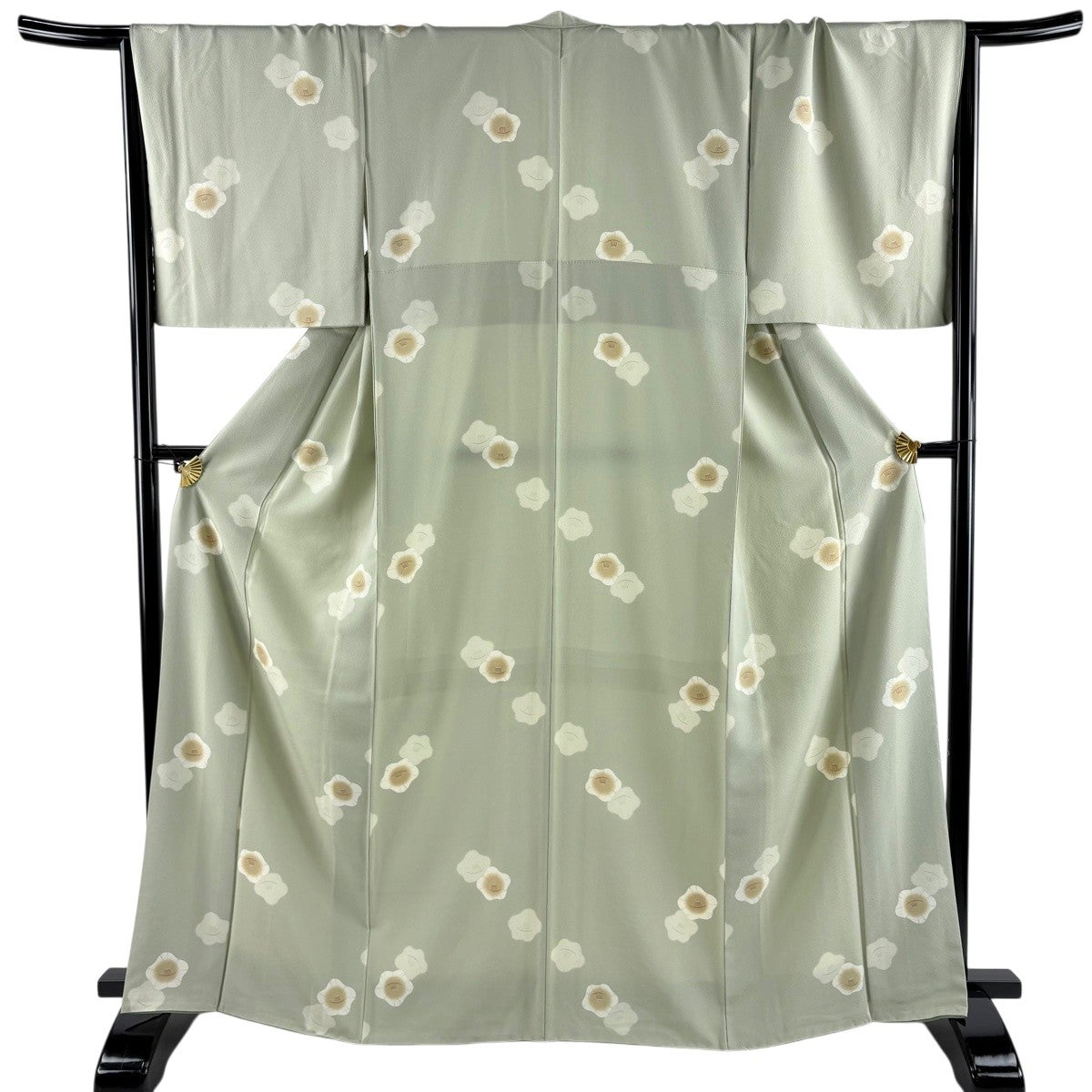 小紋 身丈165cm 裄丈68cm L 袷 椿 灰緑 正絹 秀品｜中古・古着