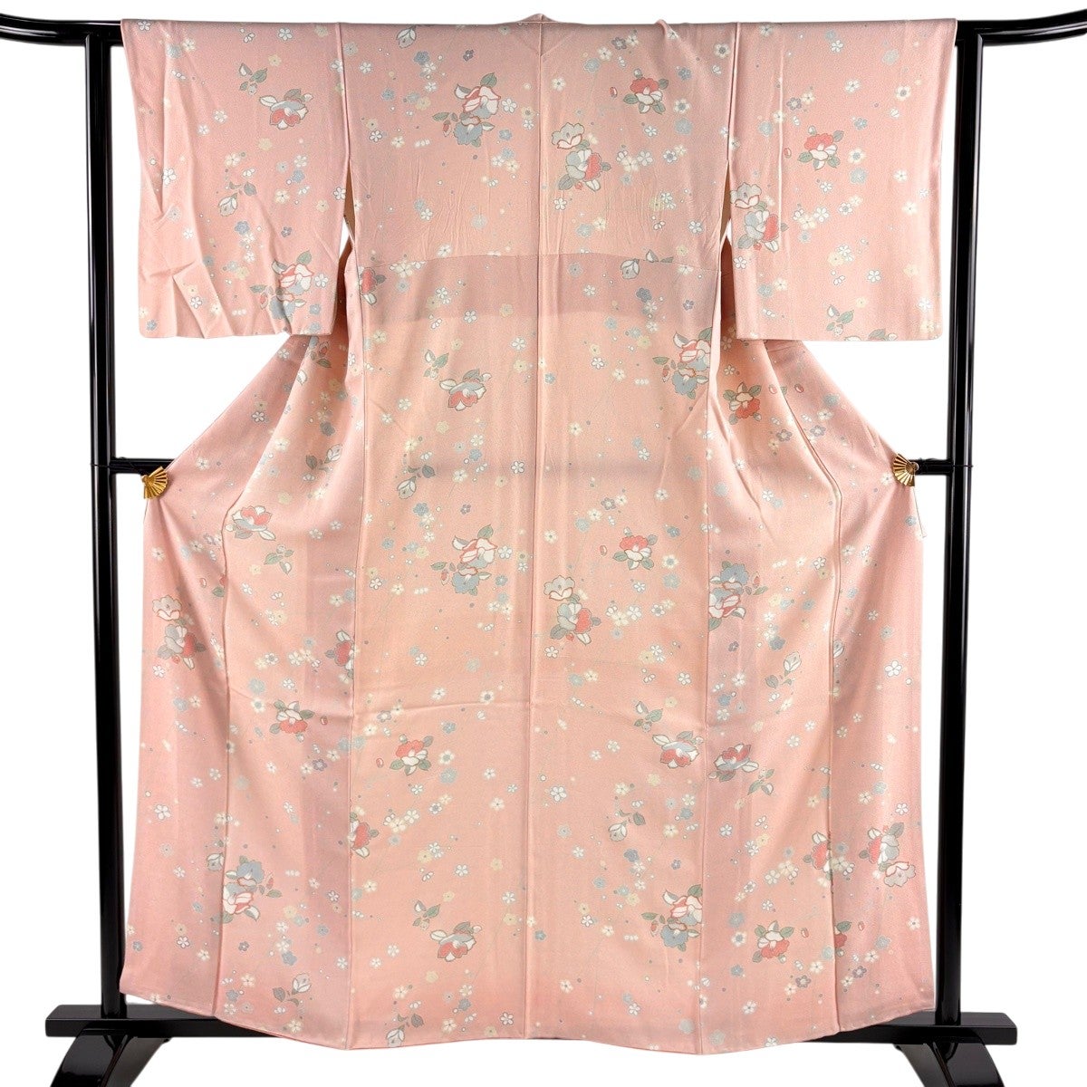小紋 身丈159cm 裄丈64.5cm M 袷 縞 井桁 縮緬 焦茶色 正絹 秀品｜中古