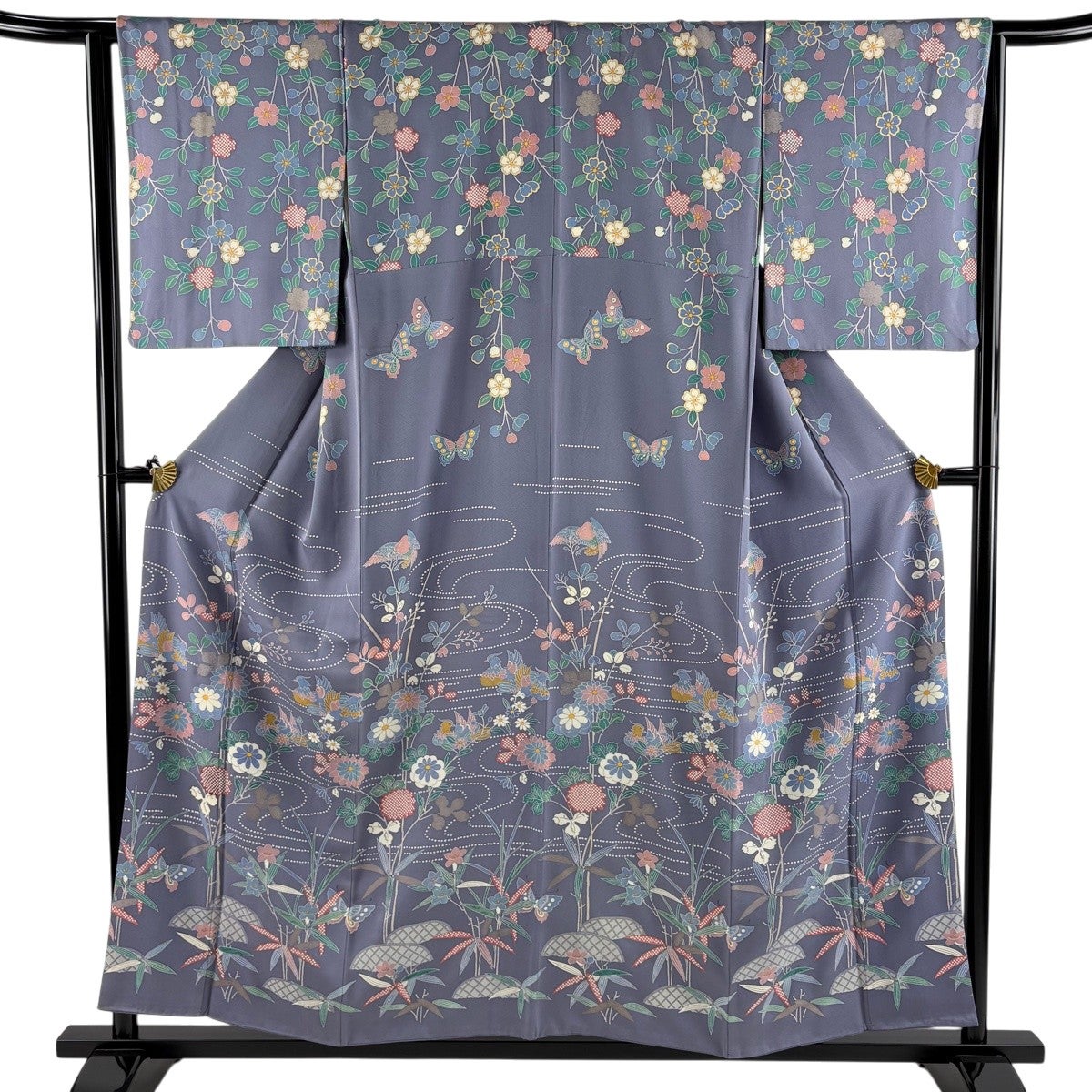 ［7076］訪問着 美品 花青海波 飾り紐 逸品 正絹 着物 袷 訪問着 身丈156cm 裄丈63cm S 袷 草花 青海波 絞り 灰紫 正絹 秀品