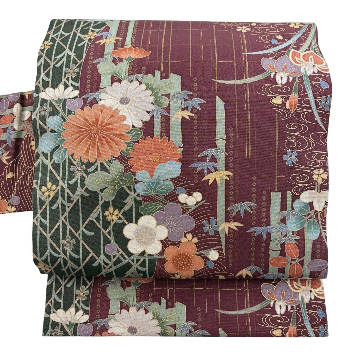 薄小豆色　花唐草　正絹　名古屋帯　375 名古屋帯 秀品 正絹 美品 名古屋帯 秀品 落款あり 山科春宣