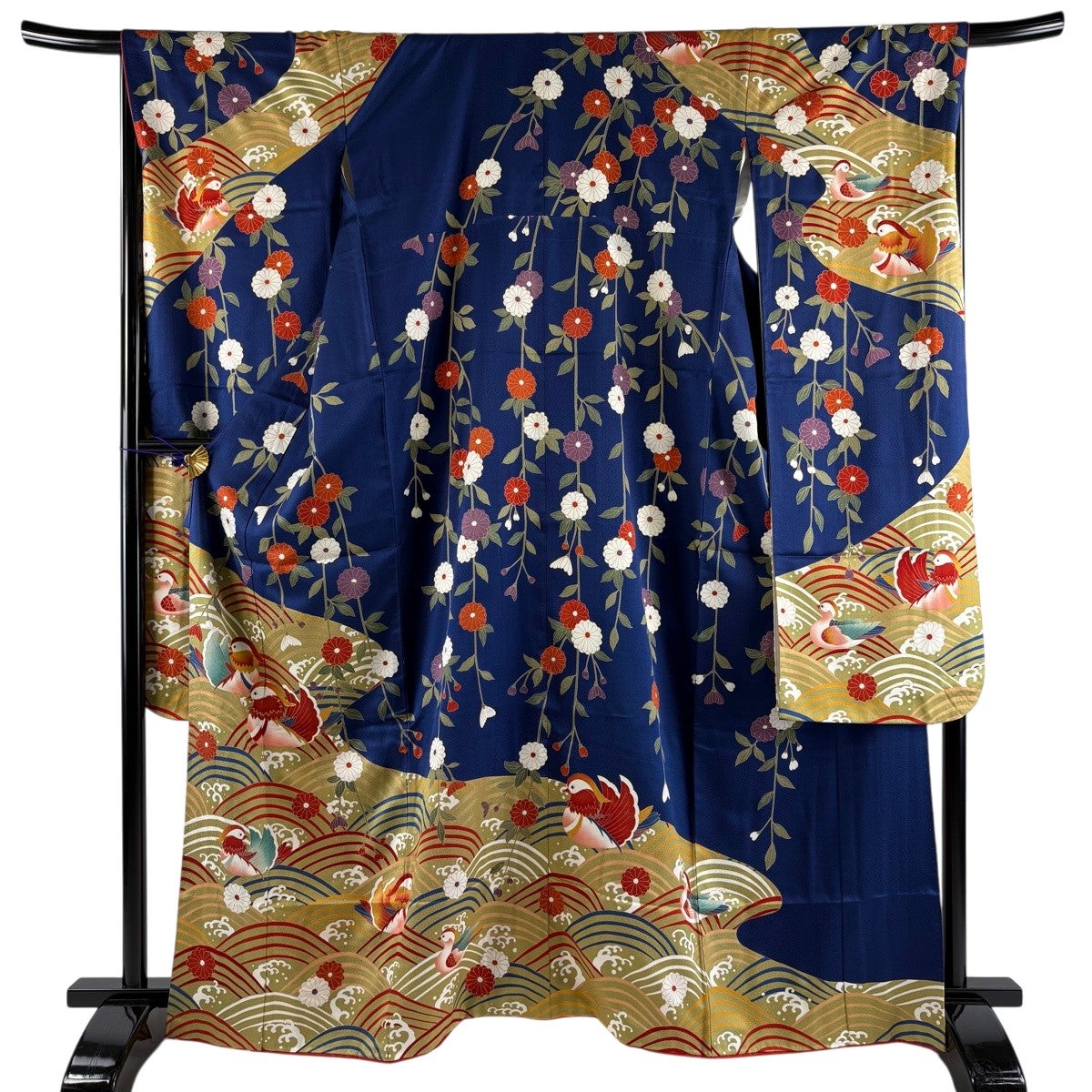 振袖 身丈166cm 裄丈66cm M 袷 菊 鴛鴦 金糸 金彩 紺色 正絹 秀品