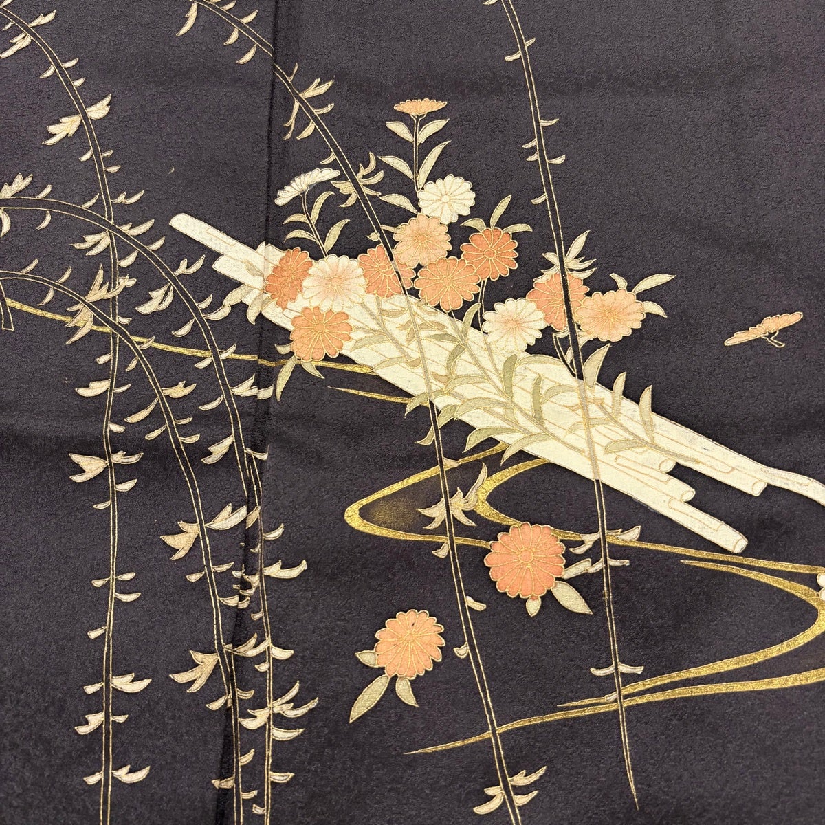 付下げ 身丈157.5cm 裄丈63.5cm S 袷 花筏 柳 金彩 墨色 正絹 秀品 一
