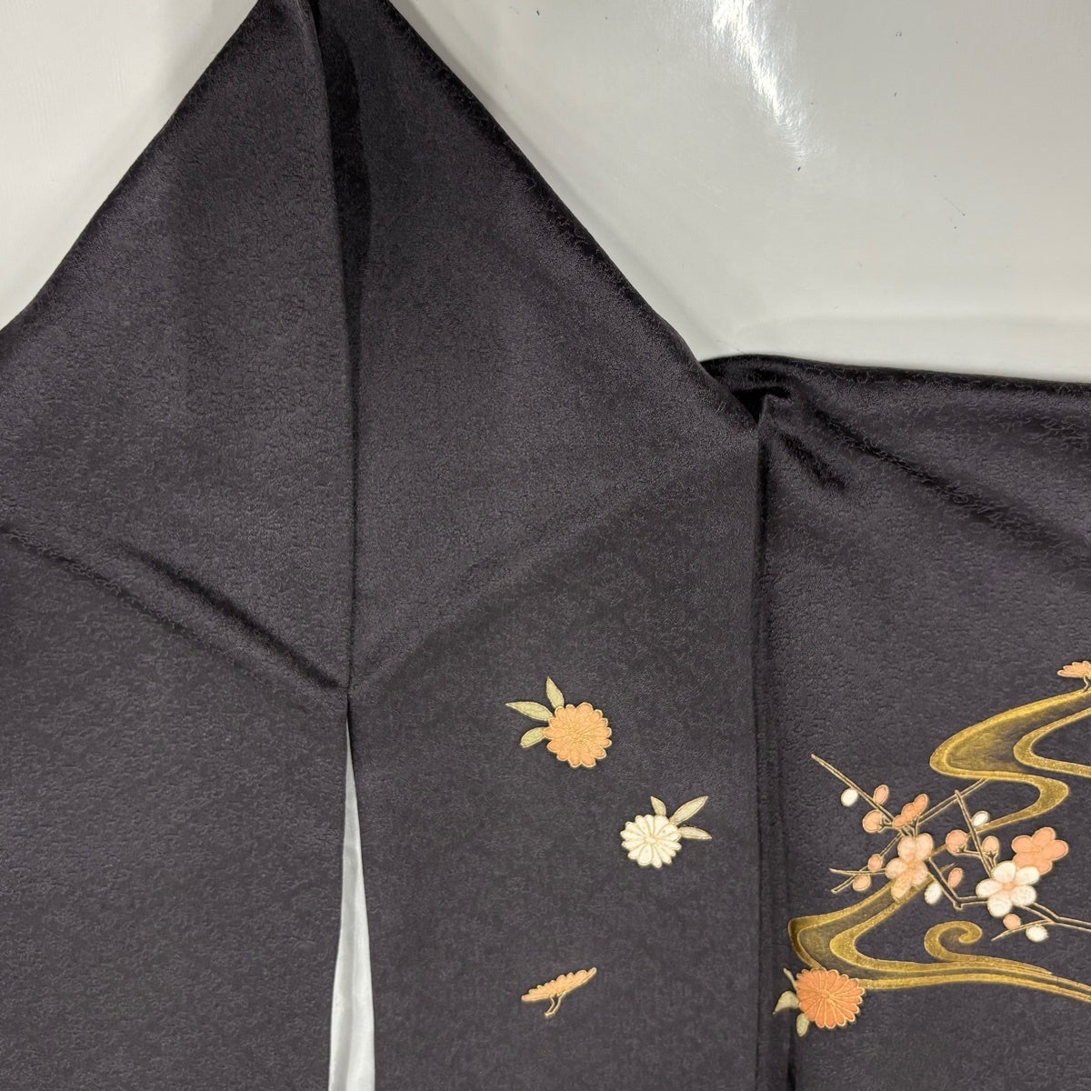 付下げ 身丈157.5cm 裄丈63.5cm S 袷 花筏 柳 金彩 墨色 正絹 秀品 一
