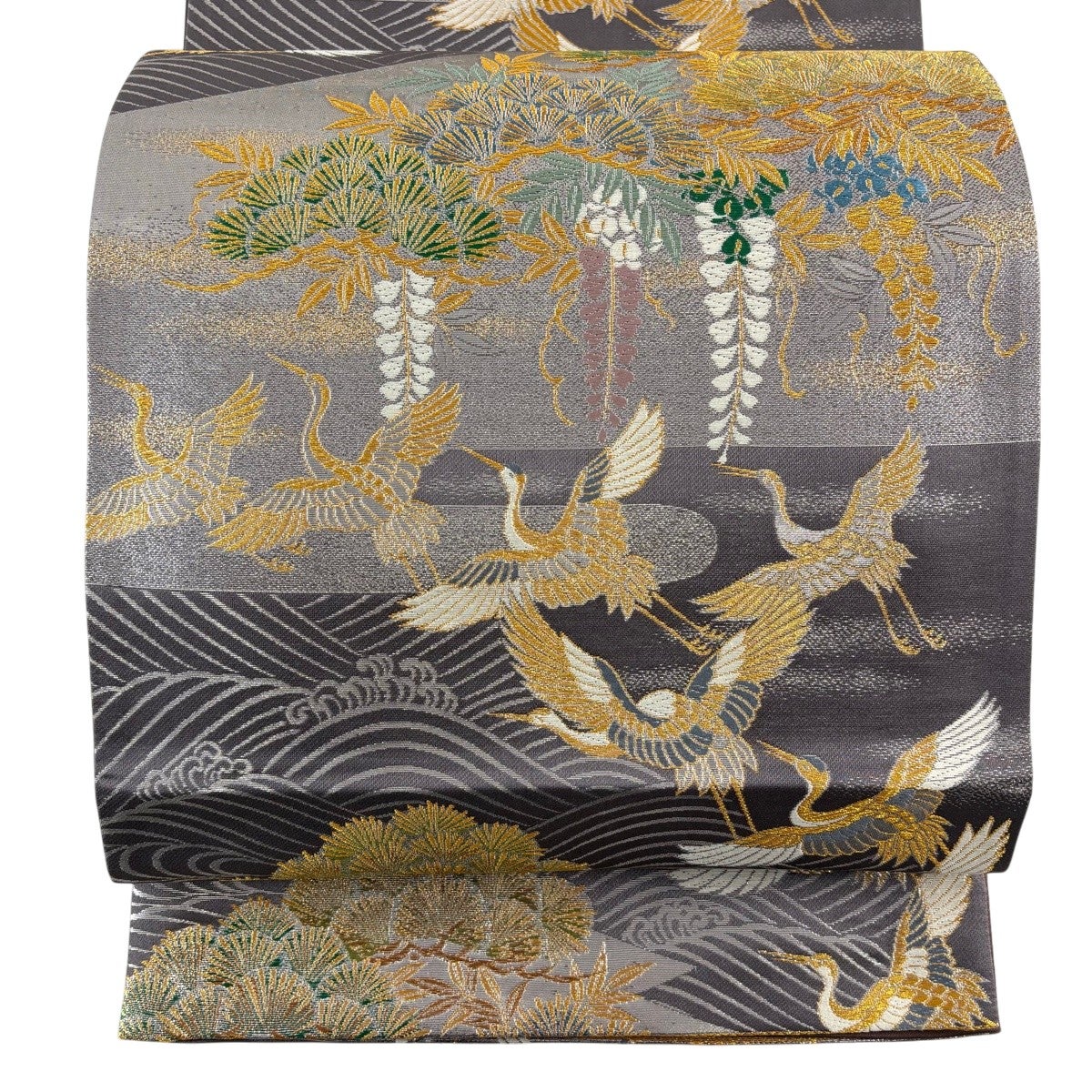 美品】 袋帯 秀品 枝花 横段 箔 墨色 六通 正絹｜中古・古着