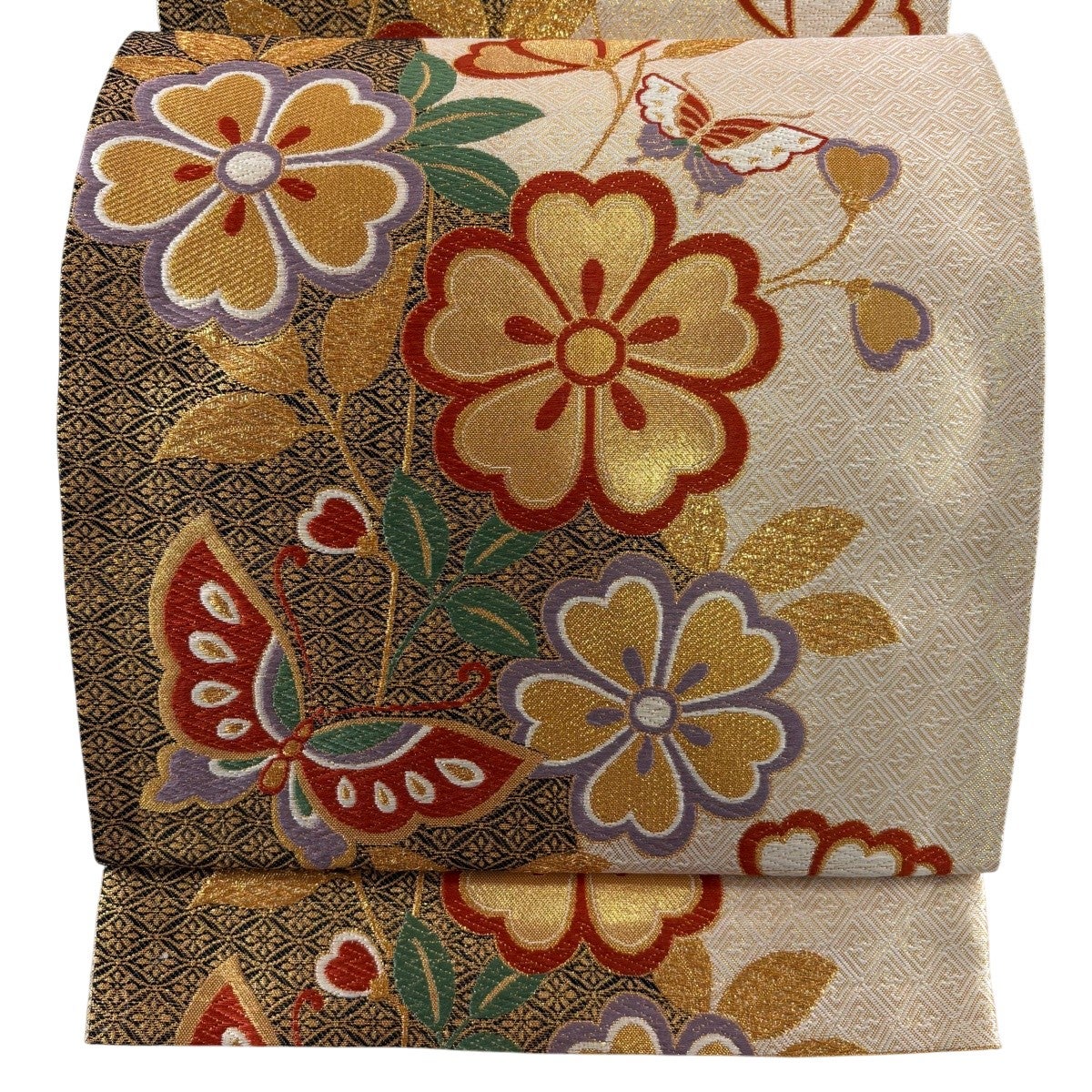 美品】 袋帯 秀品 蝶 桜 金糸 箔 金色 六通 正絹｜中古・古着