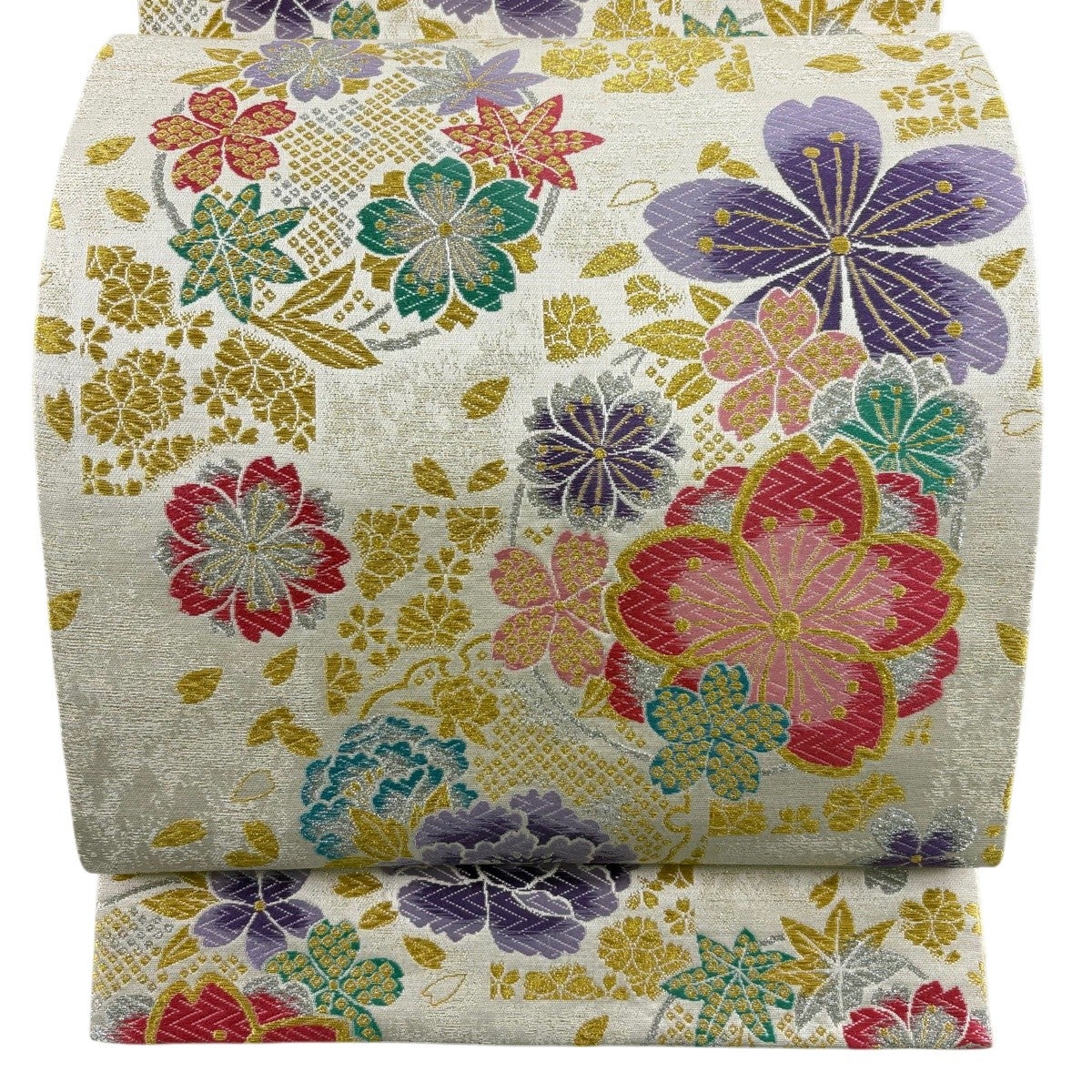 美品】 袋帯 秀品 桜 雪輪 金銀糸 クリーム 六通 正絹｜中古・古着