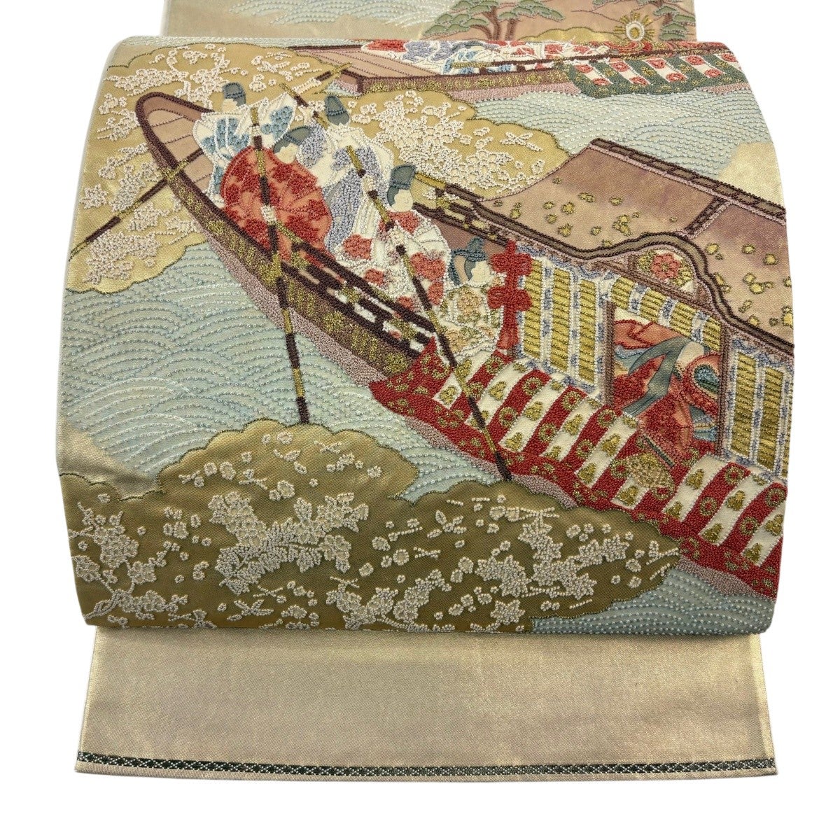 袋帯 秀品 関西仕立て 舟 人物 箔 相良刺繍 ベージュ お太鼓柄 正絹