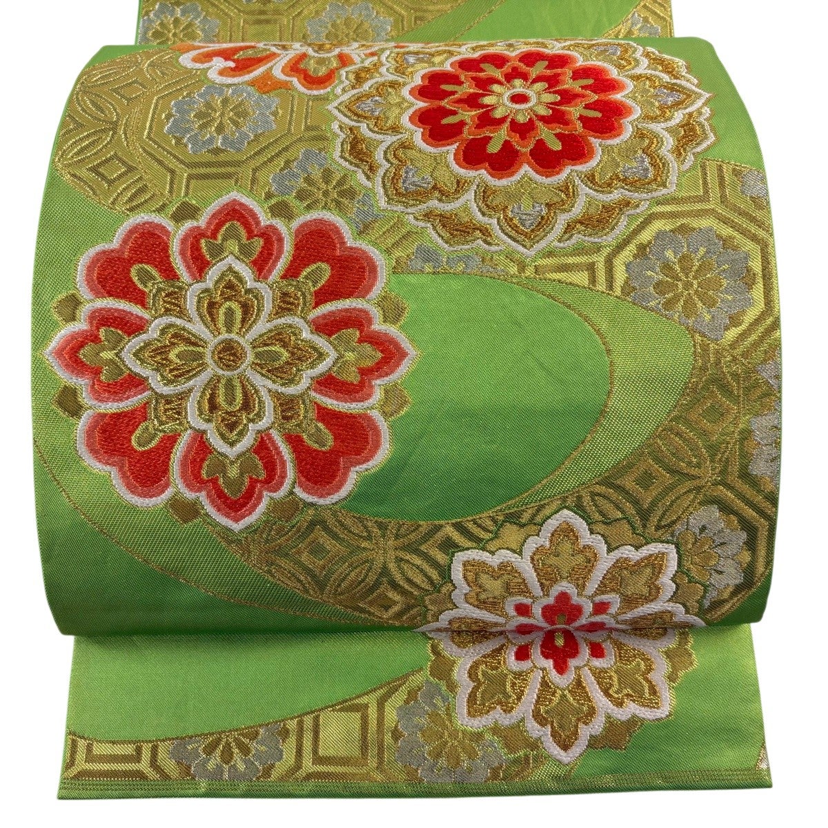 袋帯 秀品 関西仕立て 華文 流水 箔 金銀糸 黄緑色 六通 正絹｜中古