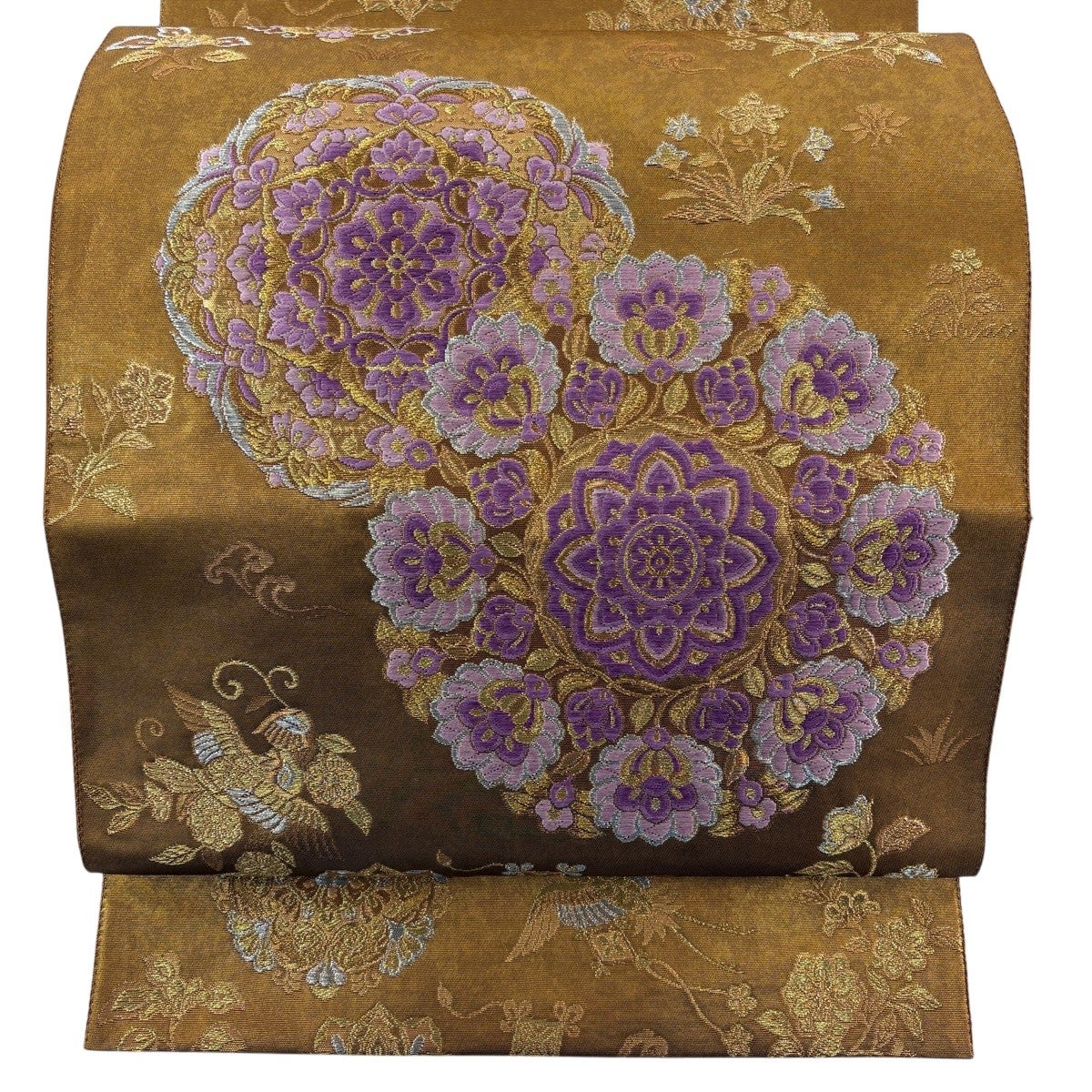 袋帯 逸品 じゅらく 落款あり 帝王紫 華文 花喰い鳥 金銀糸 箔 金茶