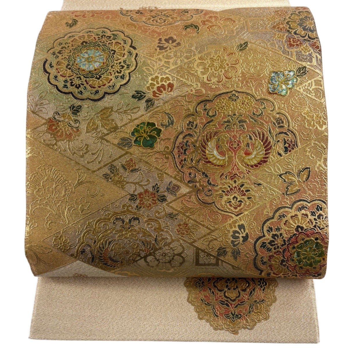 美品】 袋帯 秀品 梅松 鳥 金彩 螺鈿螺 金茶 お太鼓柄 正絹｜中古