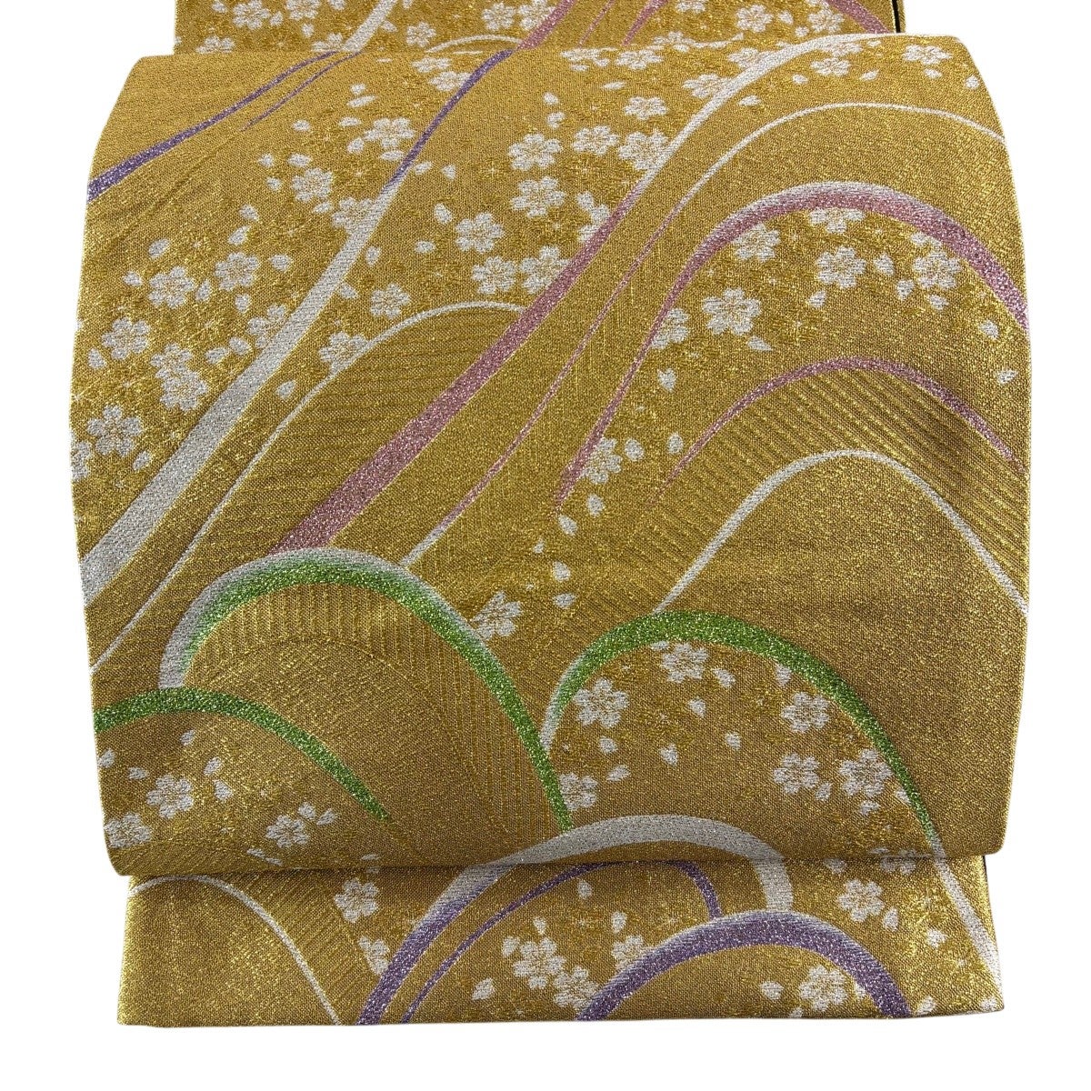 袋帯 秀品 振袖向き 鳳凰 桜 金糸 唐織 金色 六通 正絹｜中古・古着