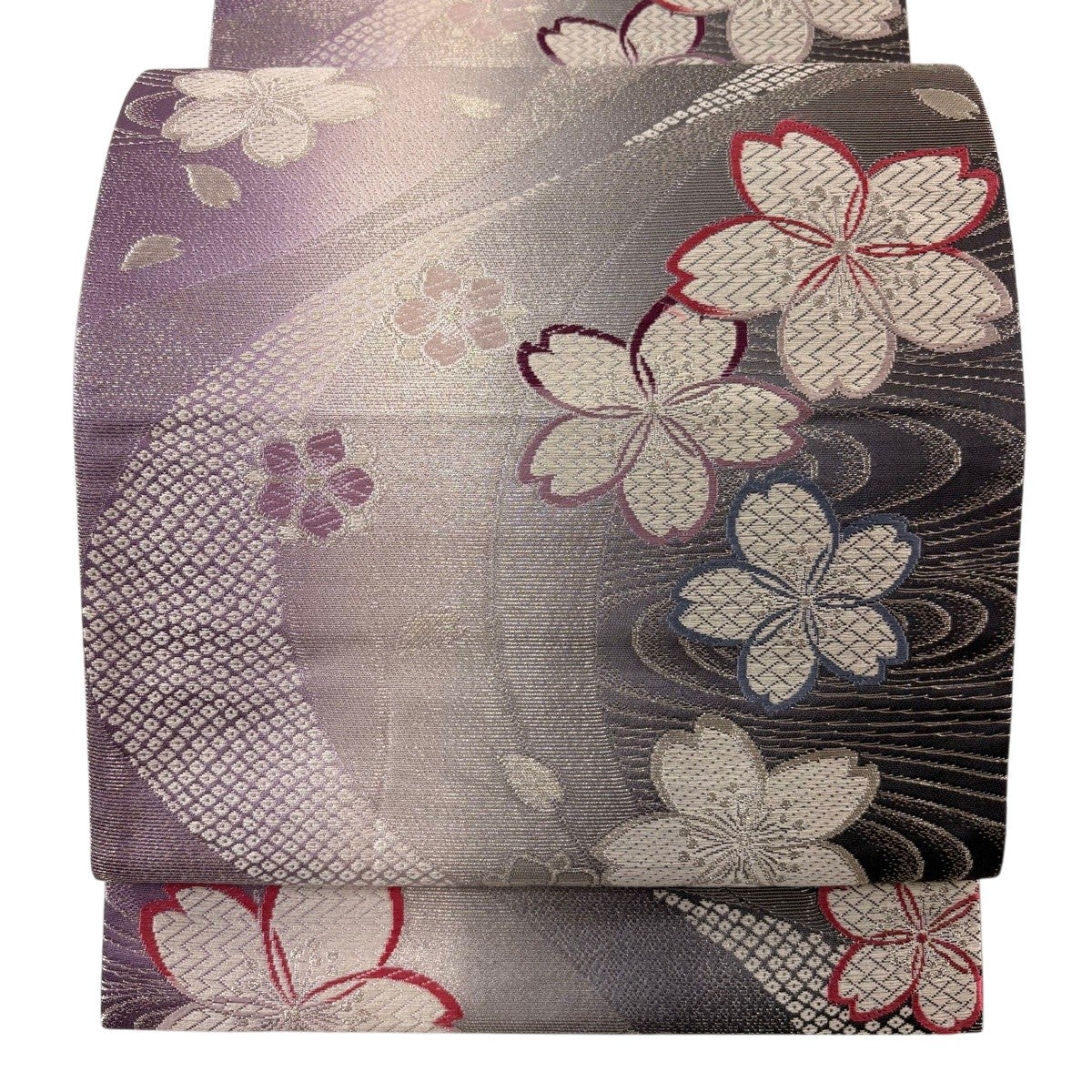 美品】 袋帯 秀品 瓢箪と花びら 市松 銀糸 灰色 六通 正絹｜中古・古着