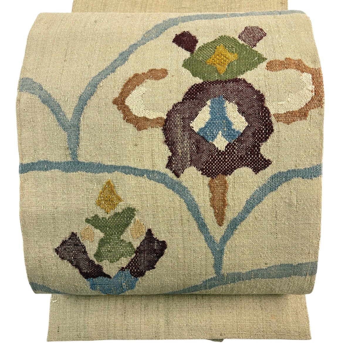 名古屋帯 秀品 松葉仕立て 八寸名古屋帯 紬地 幾何学模様 薄茶色 正絹