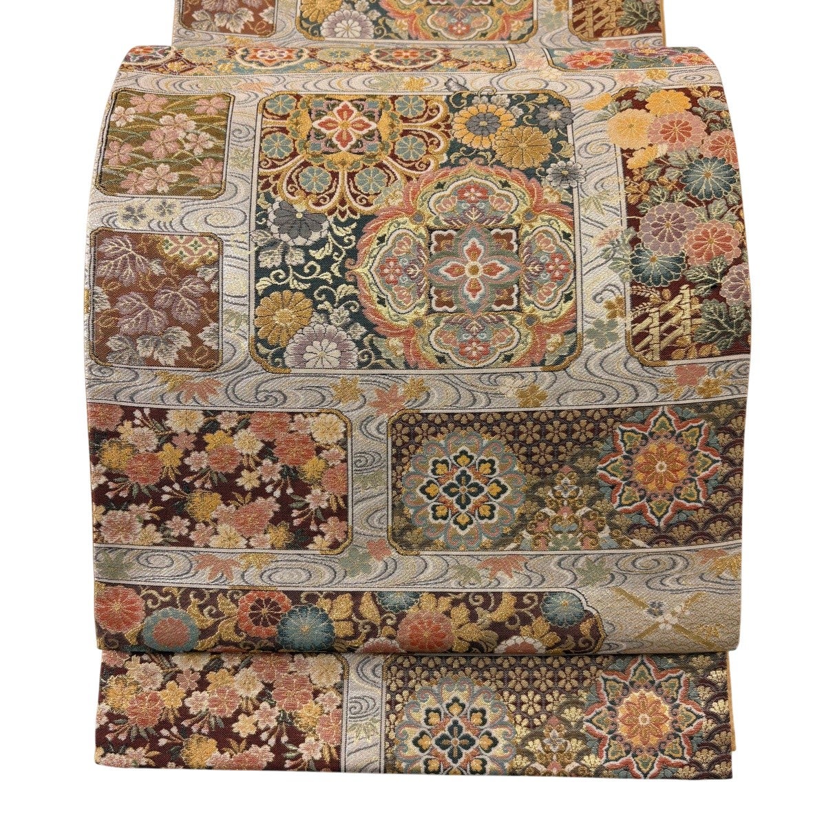 美品】 袋帯 秀品 華文 草花 箔 金糸 銀色 六通 正絹｜中古・古着