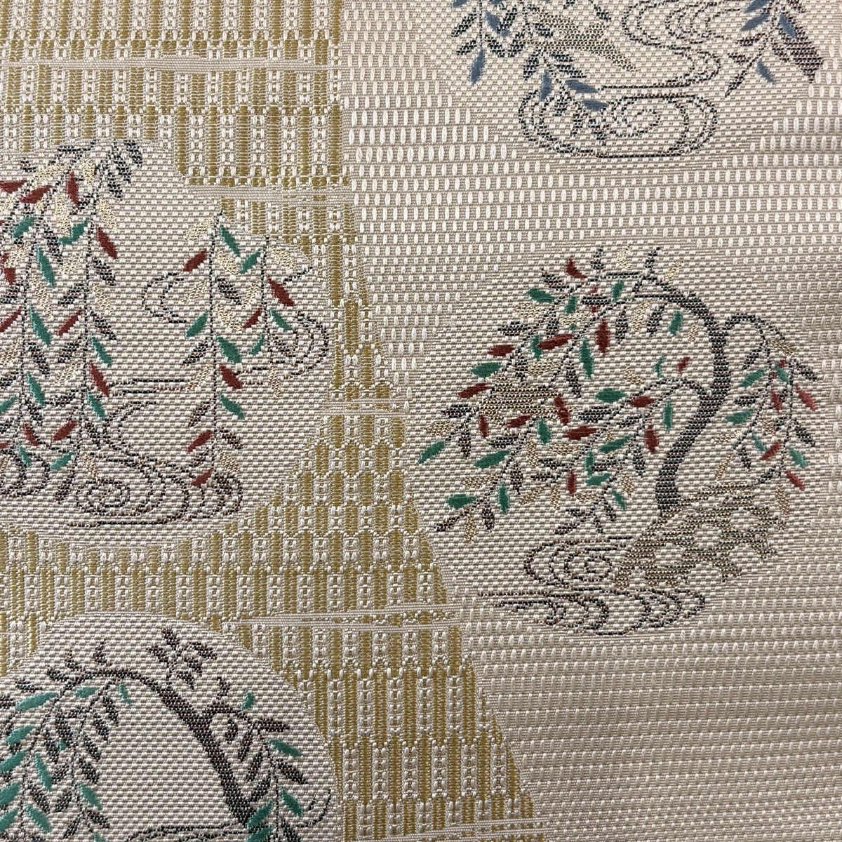 美品】 名古屋帯 秀品 松葉仕立て 八寸名古屋帯 紬地 柳 観世水 箔