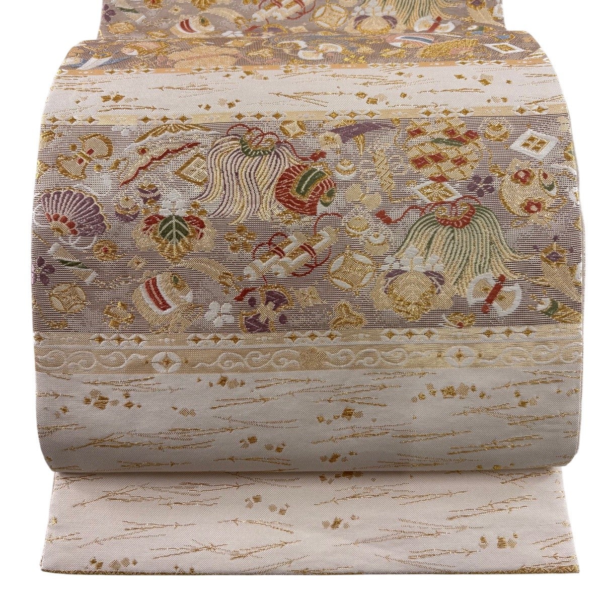 美品】 袋帯 秀品 宝尽くし 若松 金糸 箔 クリーム 六通 正絹｜中古