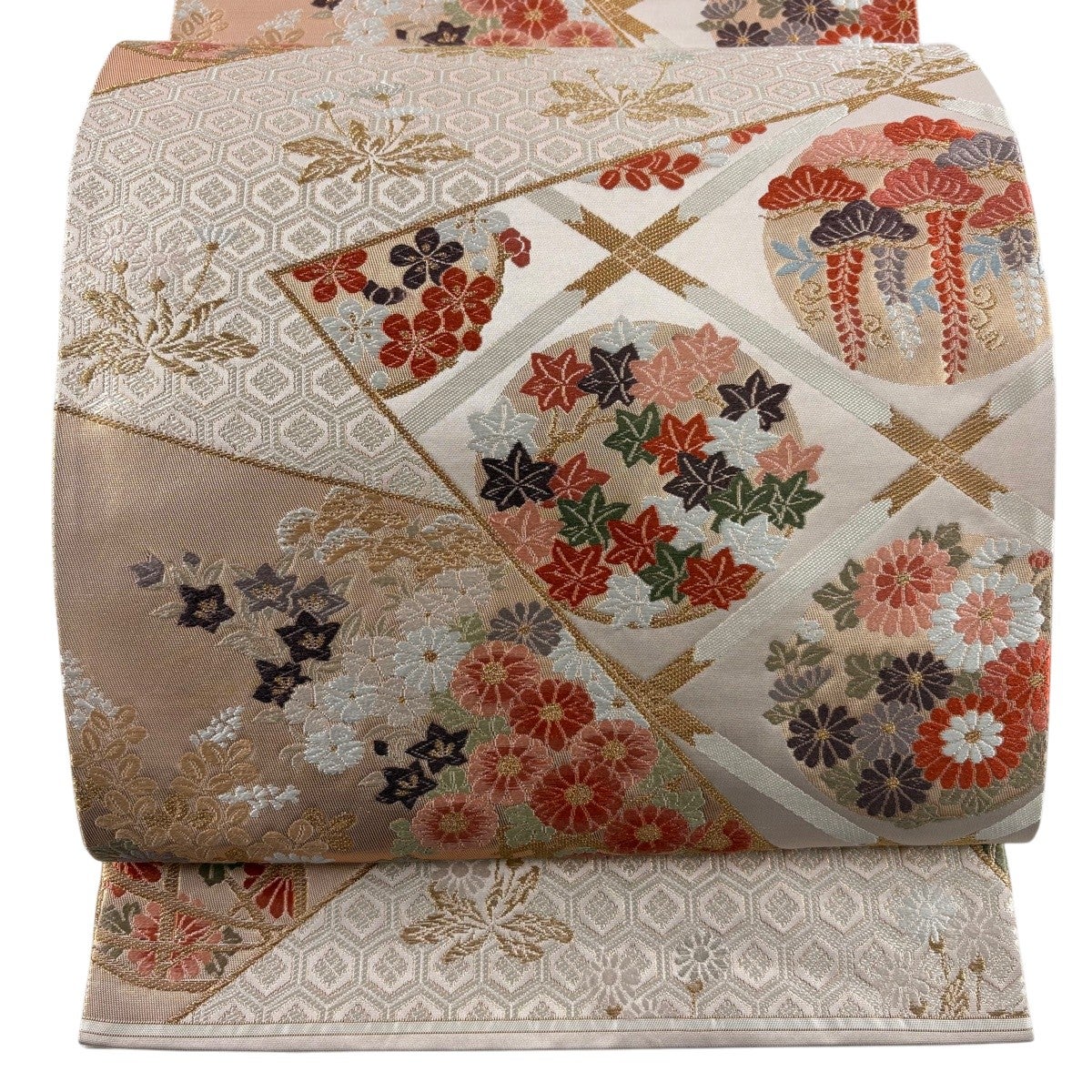 美品】 袋帯 秀品 関西仕立て 花籠 草花 金銀糸 唐織 ピンクベージュ