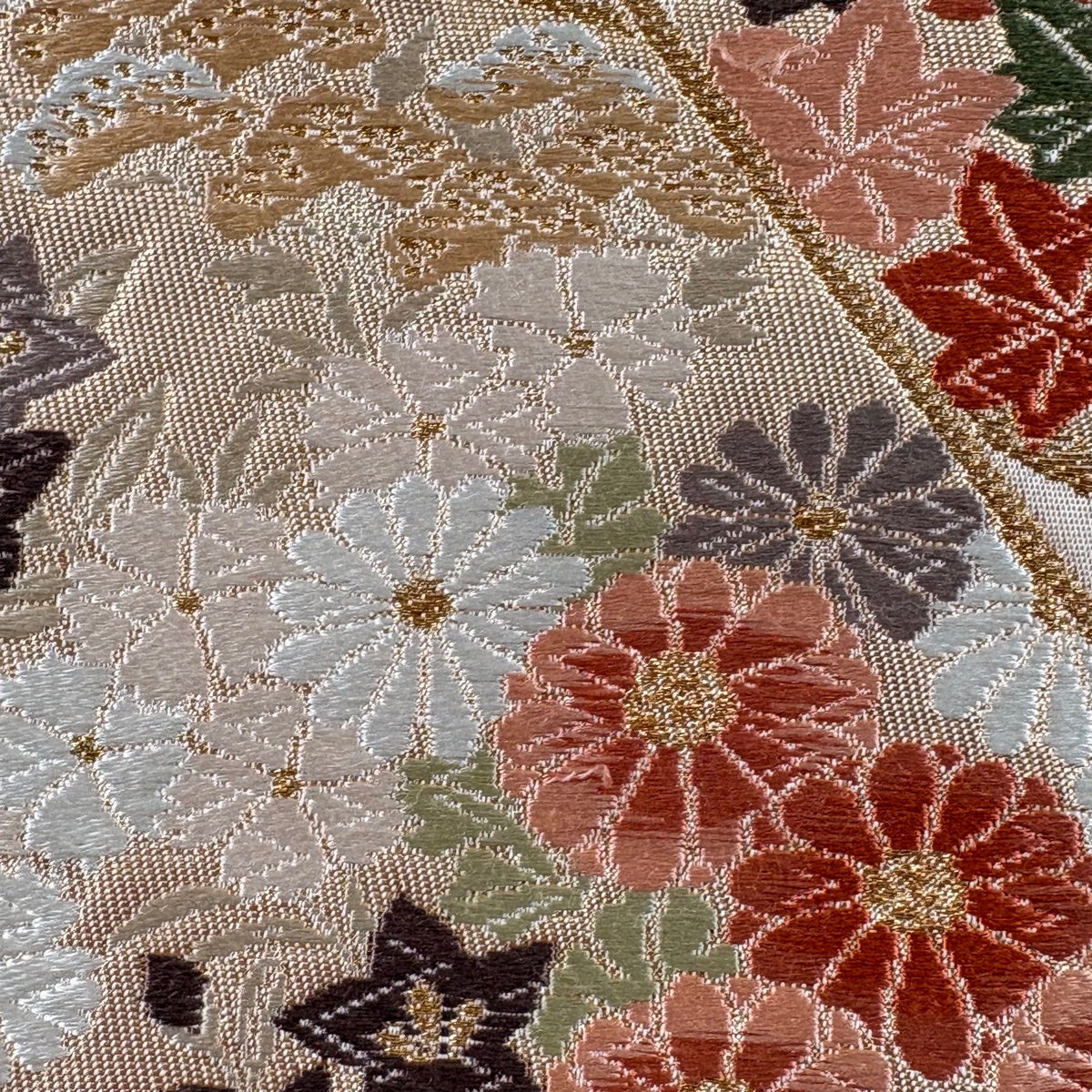 美品】 袋帯 秀品 関西仕立て 花籠 草花 金銀糸 唐織 ピンクベージュ
