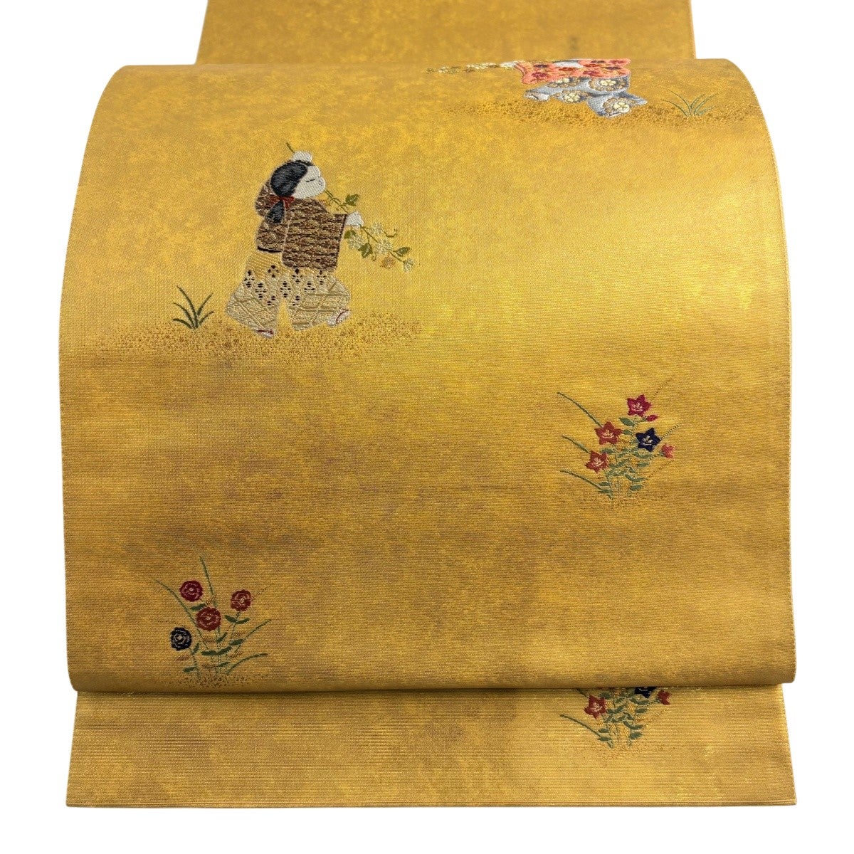 A 189未着用袋帯 大太鼓 金彩糸　【草　】正絹 美品 着物 袋帯 秀品 人物 草花 箔 金糸 金色 お太鼓柄 正絹｜中古・古着