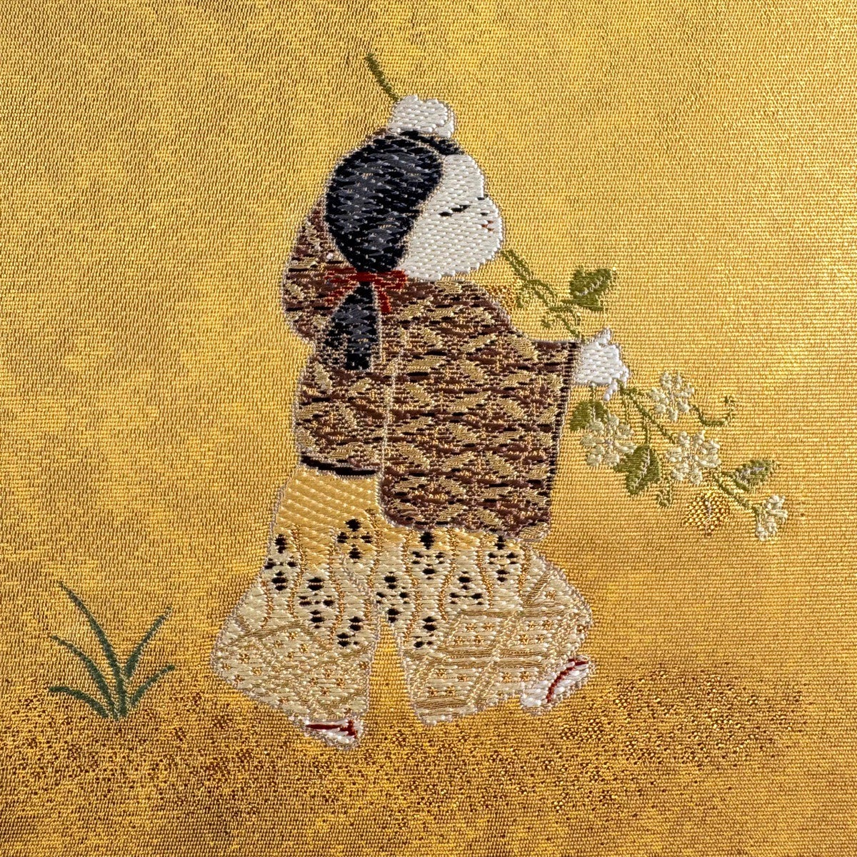 袋帯 秀品 人物 草花 箔 金糸 金色 お太鼓柄 正絹｜中古・古着