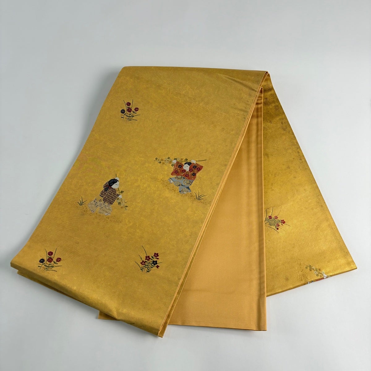 袋帯 秀品 人物 草花 箔 金糸 金色 お太鼓柄 正絹｜中古・古着