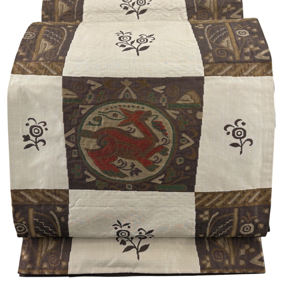 袋帯 秀品 木屋太 落款あり 紬地 動物 草花 灰茶 六通 正絹｜中古