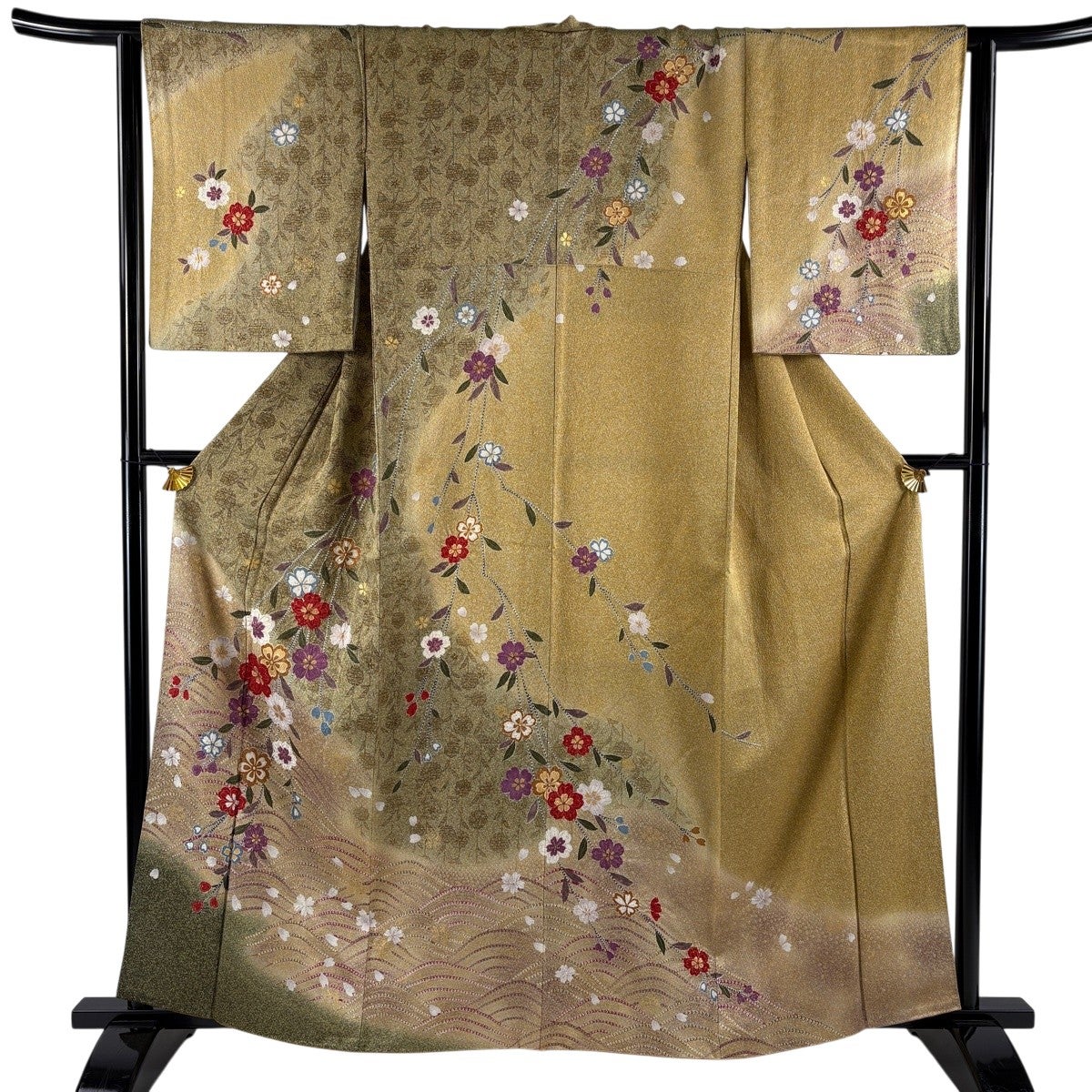 訪問着 身丈160cm 裄丈64cm M 袷 桜 波 金彩 ぼかし 茶緑色 正絹 秀品