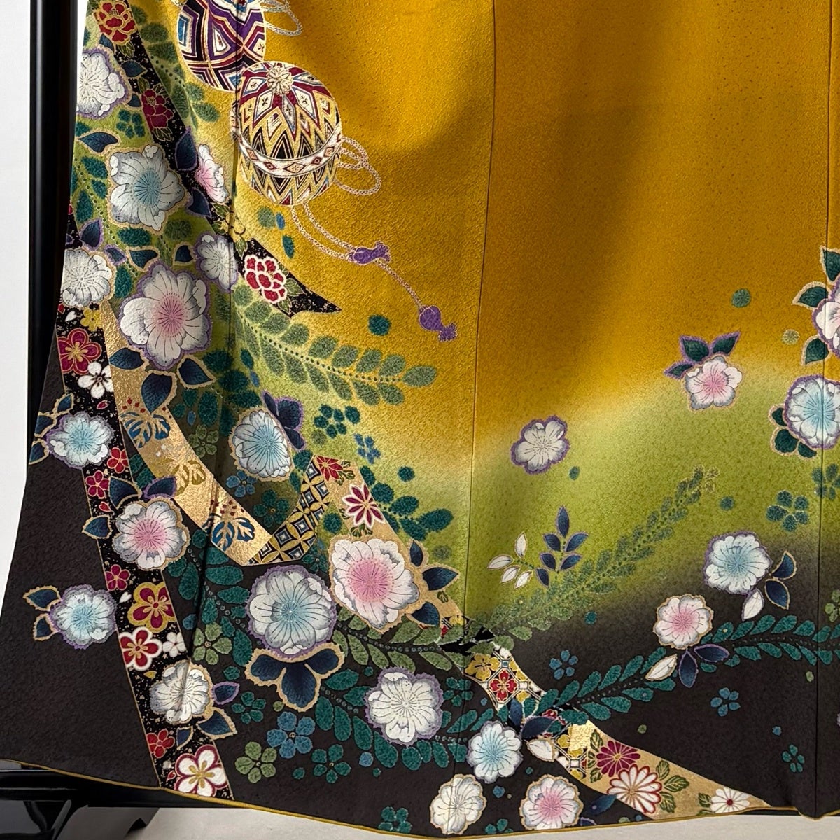 訪問着 身丈159cm 裄丈64cm M 袷 手鞠 草花 金彩 染め分け 山吹色 正絹