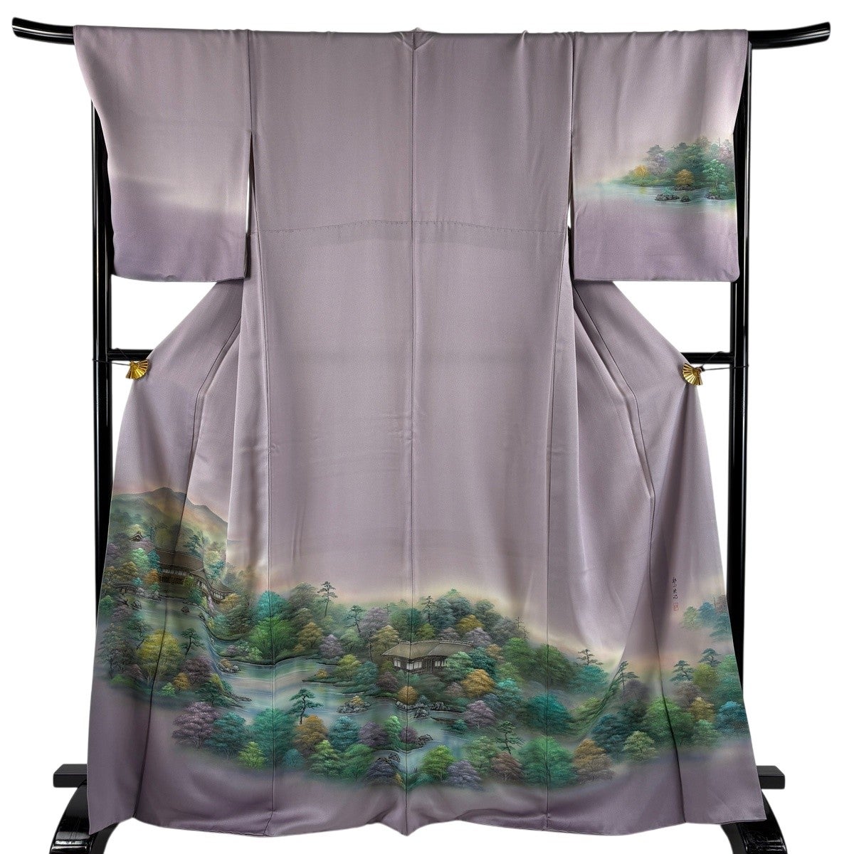 【美品】訪問着 正装 着物 袷 正絹 身丈151 裄61 くすみ薄紫 風景 金彩 訪問着 身丈166.5cm 裄丈68.5cm L 袷 落款あり 建物 風景 金銀彩