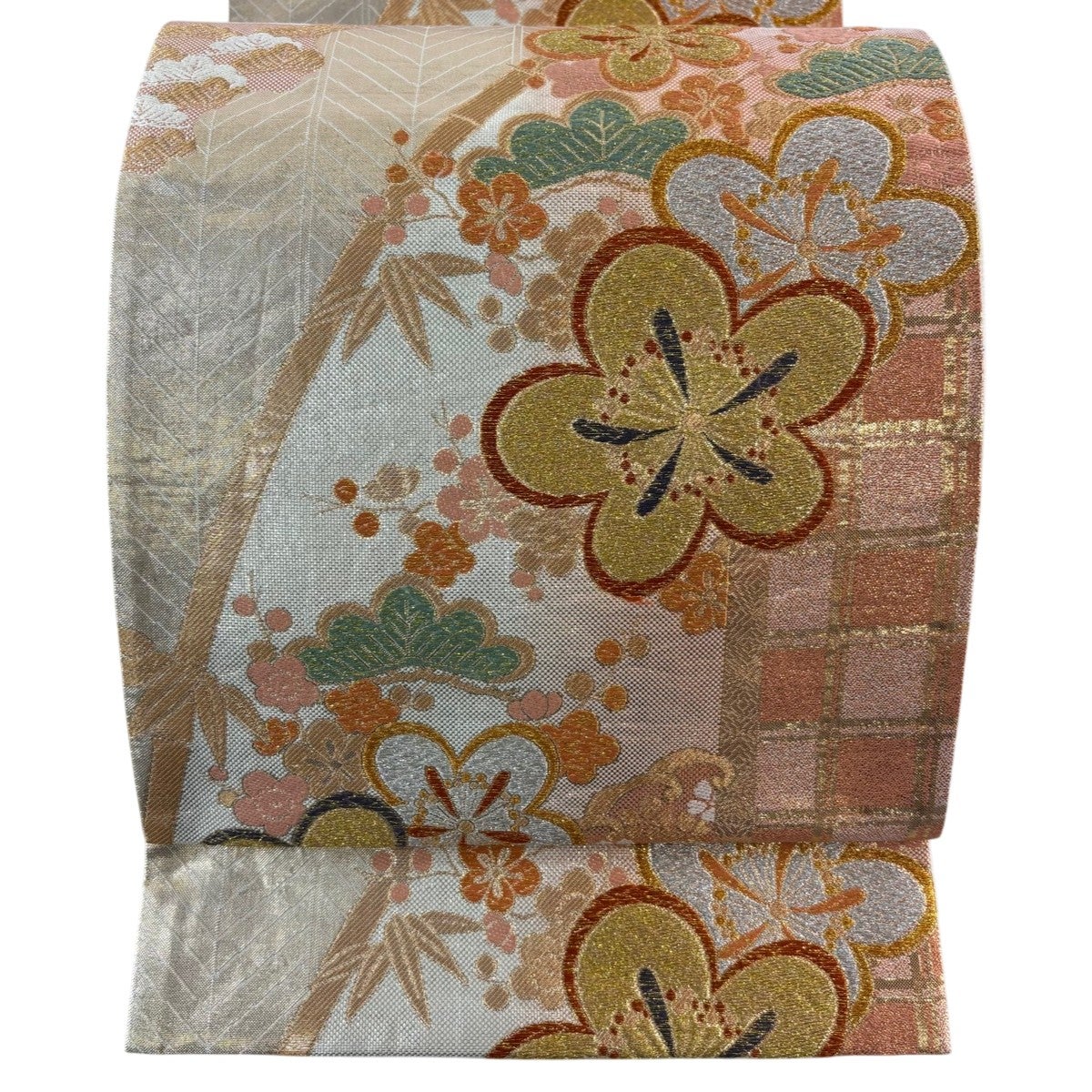 美品】 袋帯 秀品 松竹梅 波頭 金銀糸 箔 オレンジ 六通 正絹｜中古