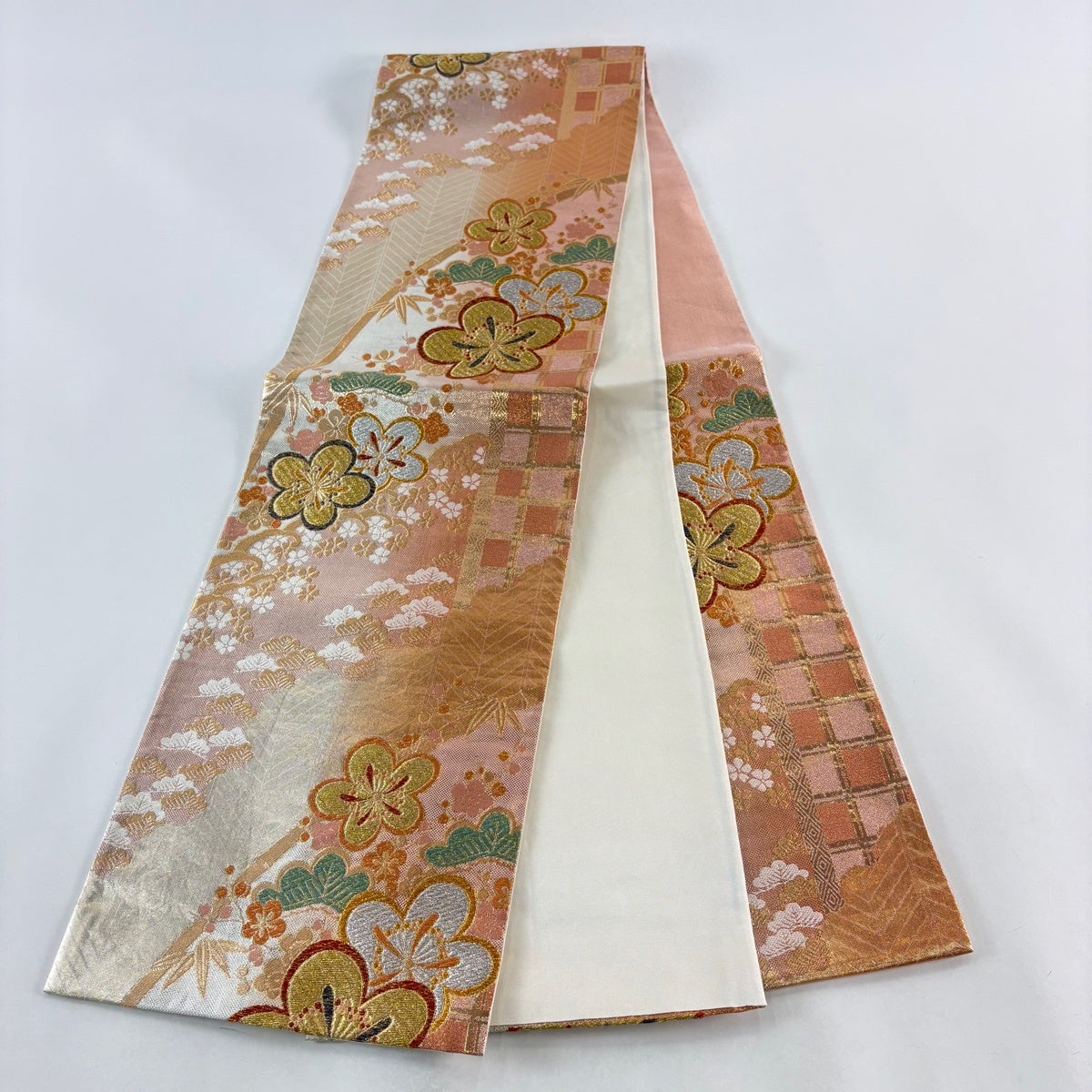 美品】 袋帯 秀品 松竹梅 波頭 金銀糸 箔 オレンジ 六通 正絹｜中古