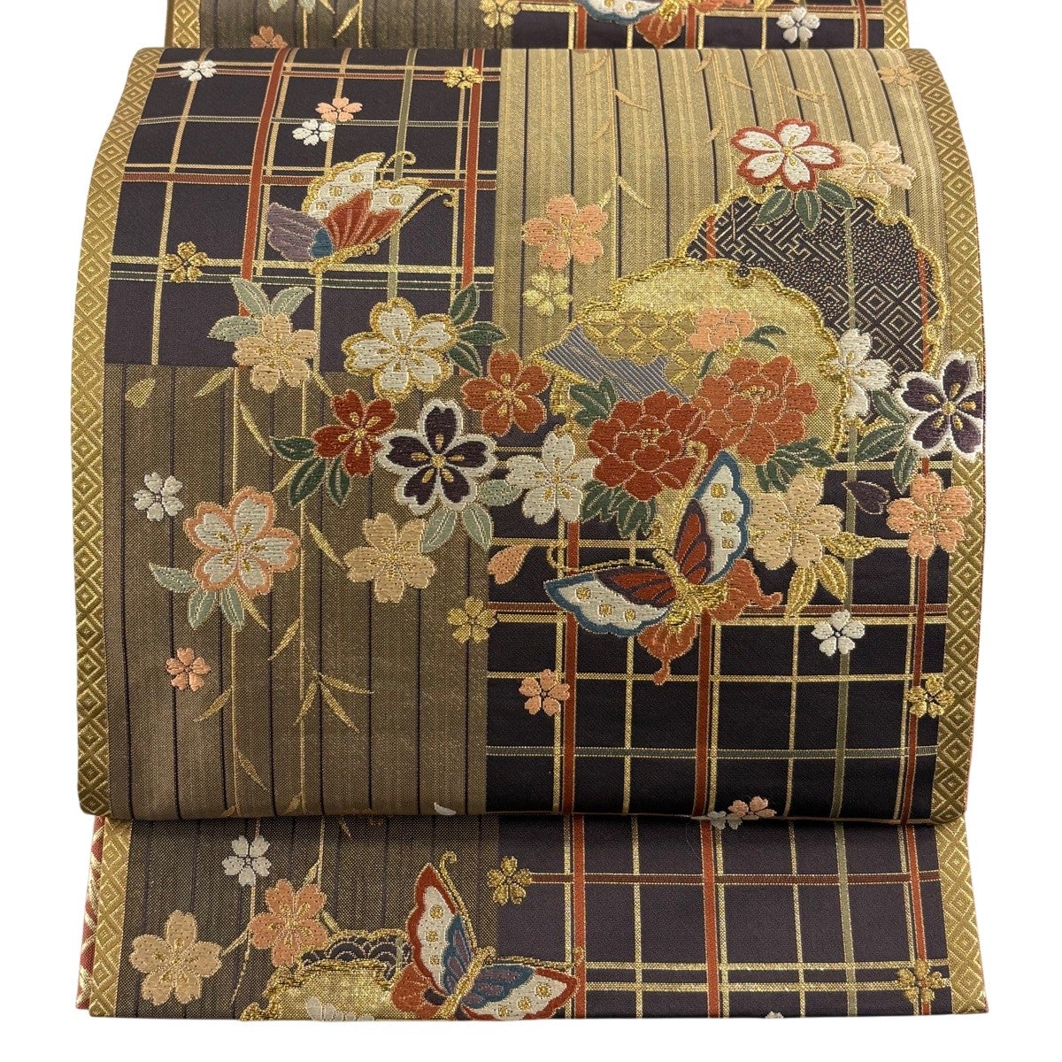 美品】 袋帯 秀品 蝶 雪輪 金糸 箔 茶紫 六通 正絹｜中古・古着