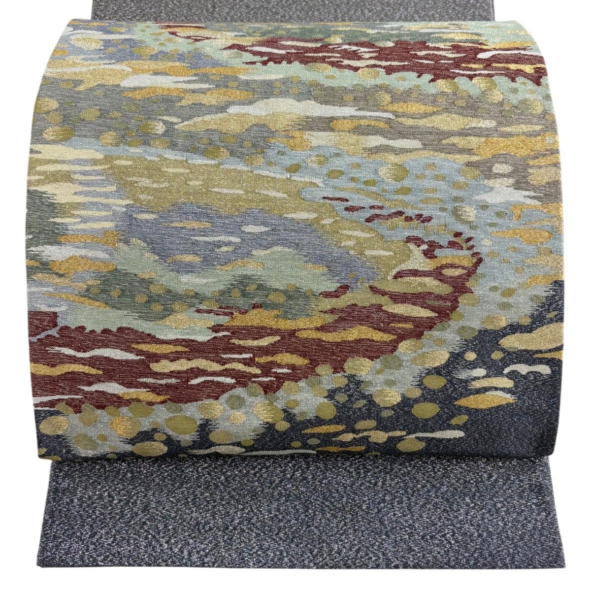美品】 袋帯 秀品 鈴乃屋 霞 幾何学 金銀糸 箔 青灰色 お太鼓柄 正絹