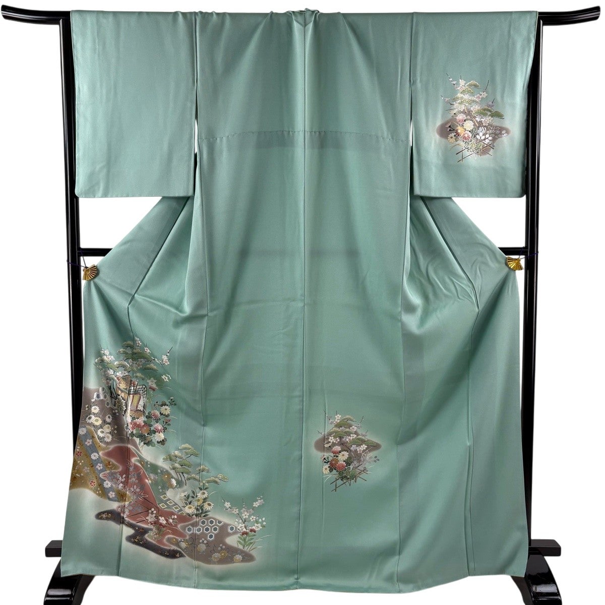 付下げ 身丈170.5cm 裄丈68cm L 袷 御所車 菊 螺鈿 金銀彩 薄緑 正絹