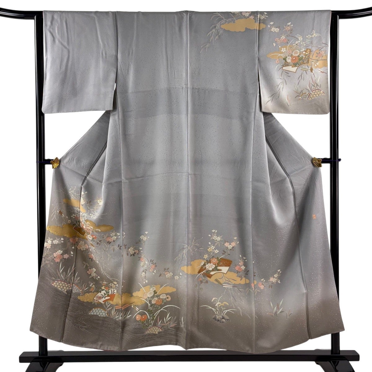 訪問着 身丈154cm 裄丈62cm S 袷 落款あり 扇面 菊 金糸 金彩 灰色