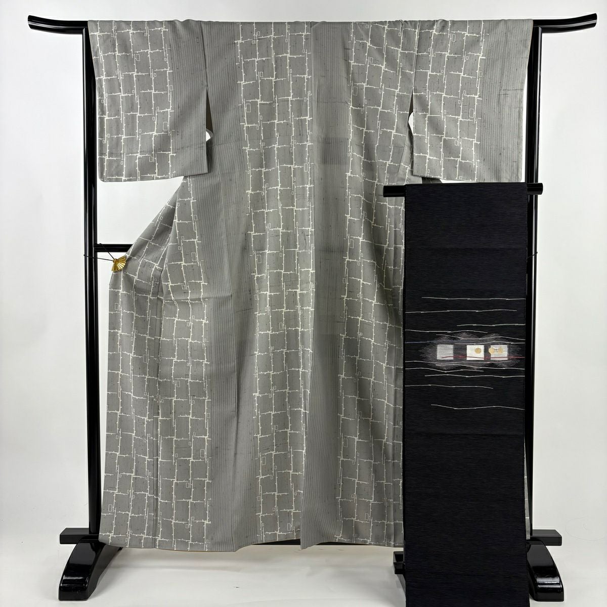 小紋 身丈165cm 裄丈69cm L 袷 名古屋帯セット 幾何学 灰紫 正絹 秀品