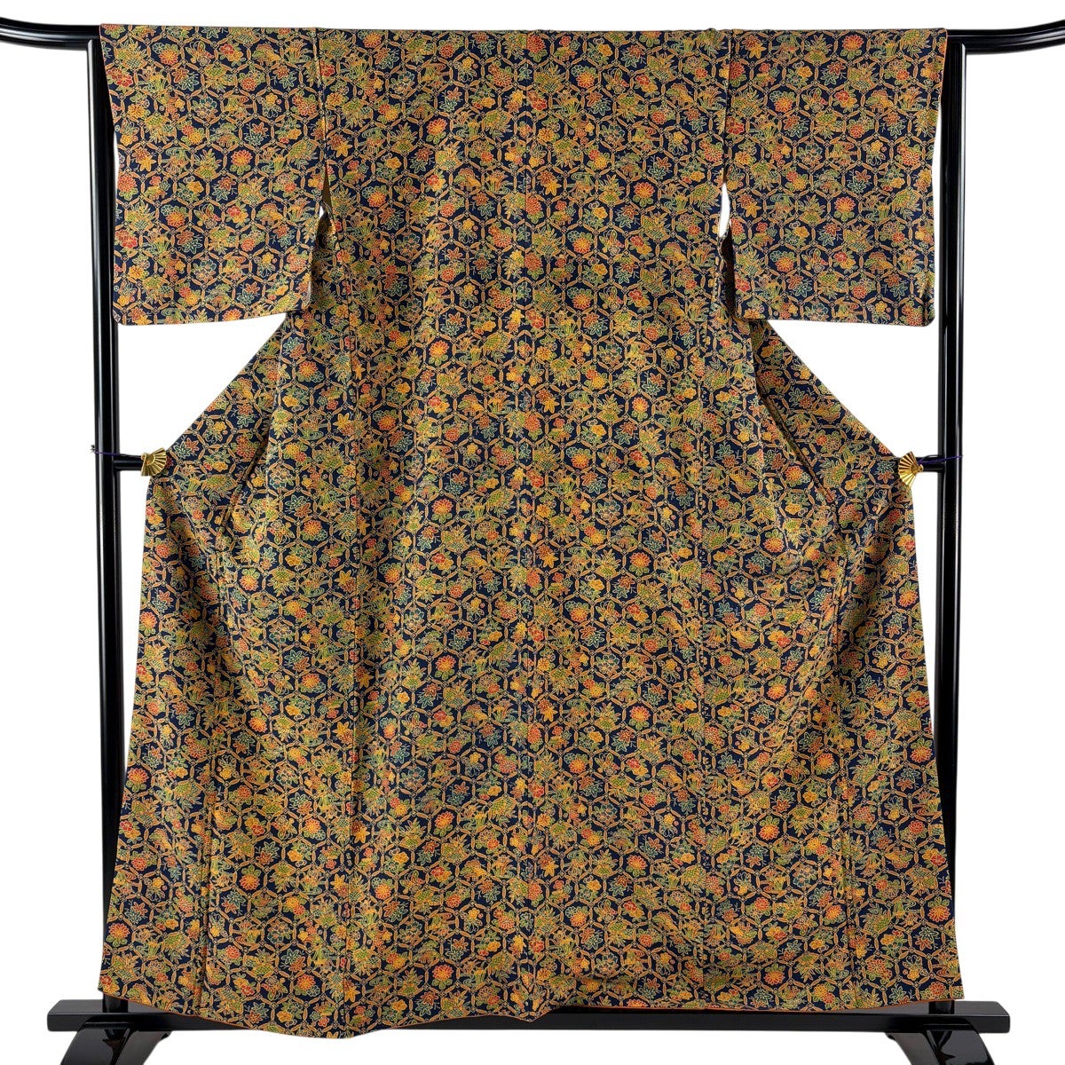 美品】 小紋 身丈157cm 裄丈64.5cm M 袷 亀甲 草花 紺色 正絹 優品