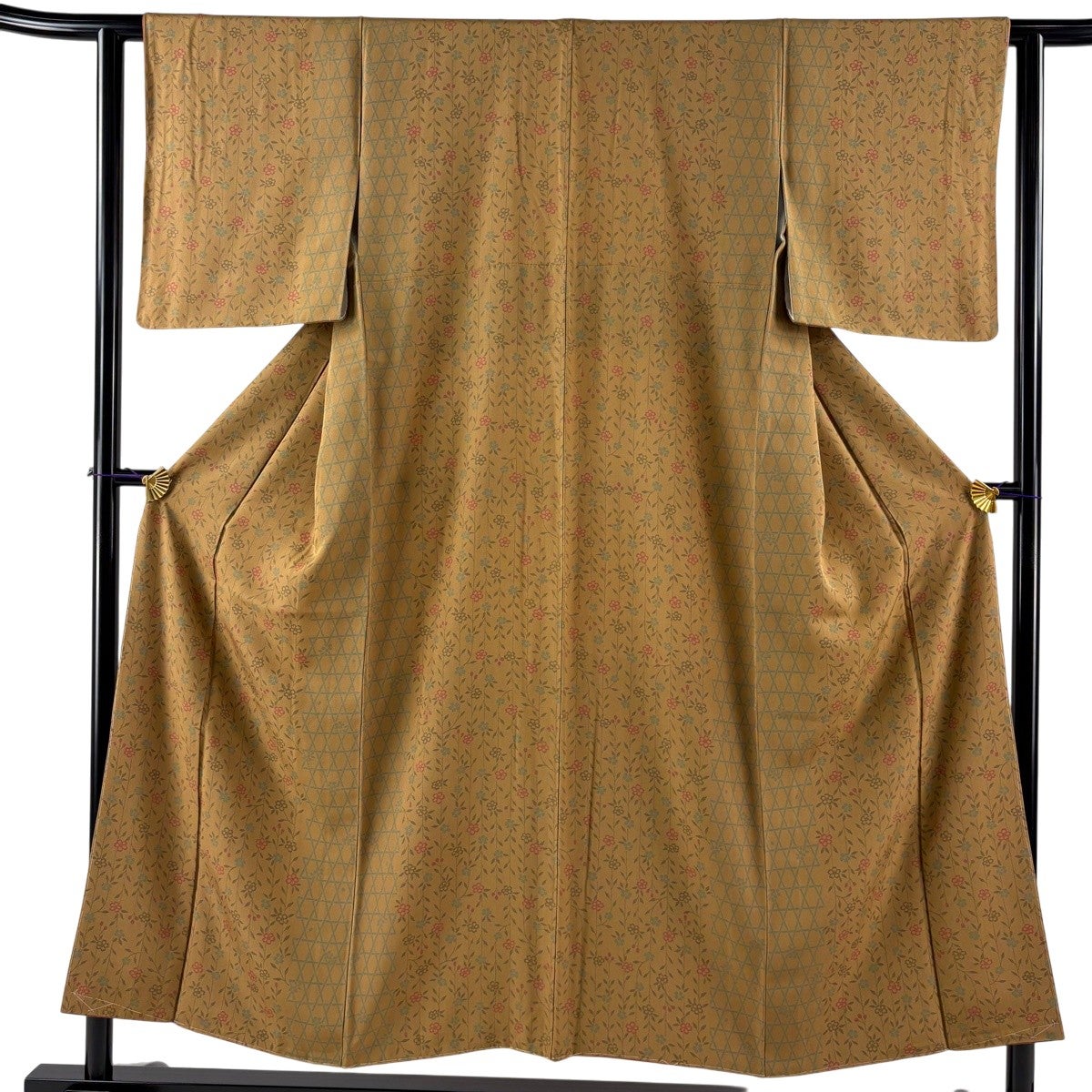 小紋 身丈152cm 裄丈61cm S 袷 枝垂桜 網目 山吹茶色 正絹 優品｜中古