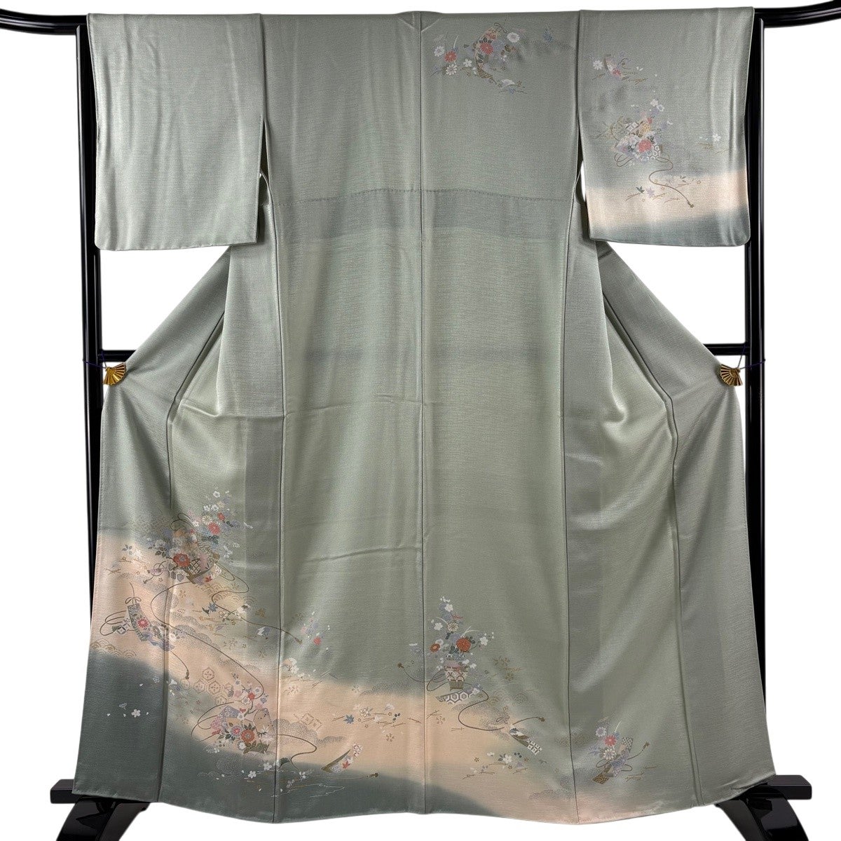 訪問着 身丈162cm 裄丈64.5cm M 袷 草花 短冊 金銀彩 ぼかし 灰緑 正絹