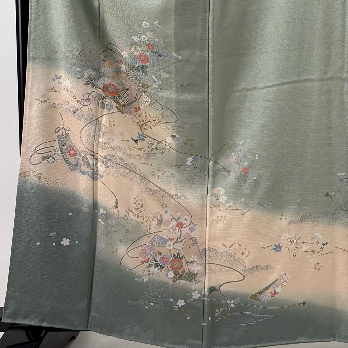 訪問着 身丈162cm 裄丈64.5cm M 袷 草花 短冊 金銀彩 ぼかし 灰緑 正絹