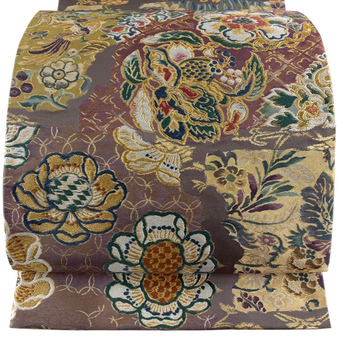 美品】 袋帯 秀品 鳥 花丸文 金糸 箔 灰茶 六通 正絹｜中古・古着