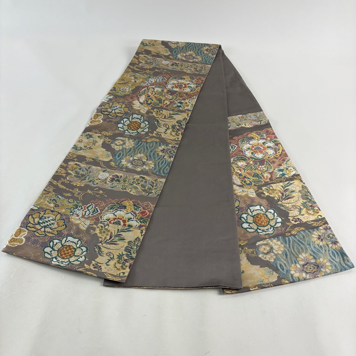 美品】 袋帯 秀品 鳥 花丸文 金糸 箔 灰茶 六通 正絹｜中古・古着