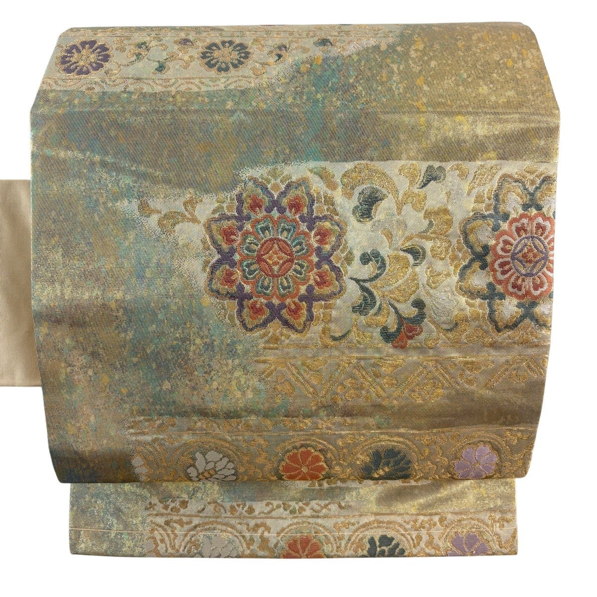 名古屋帯 優品 関西仕立て 華文 草花 金糸 箔 灰緑 正絹｜中古・古着
