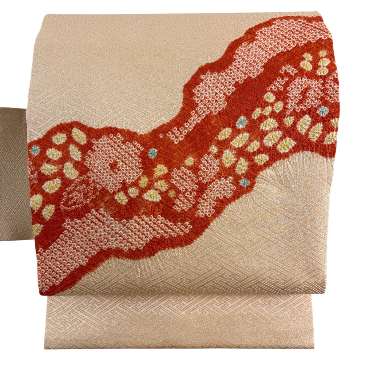 名古屋帯 優品 草花 幾何学模様 絞り 薄オレンジ 正絹｜中古・古着