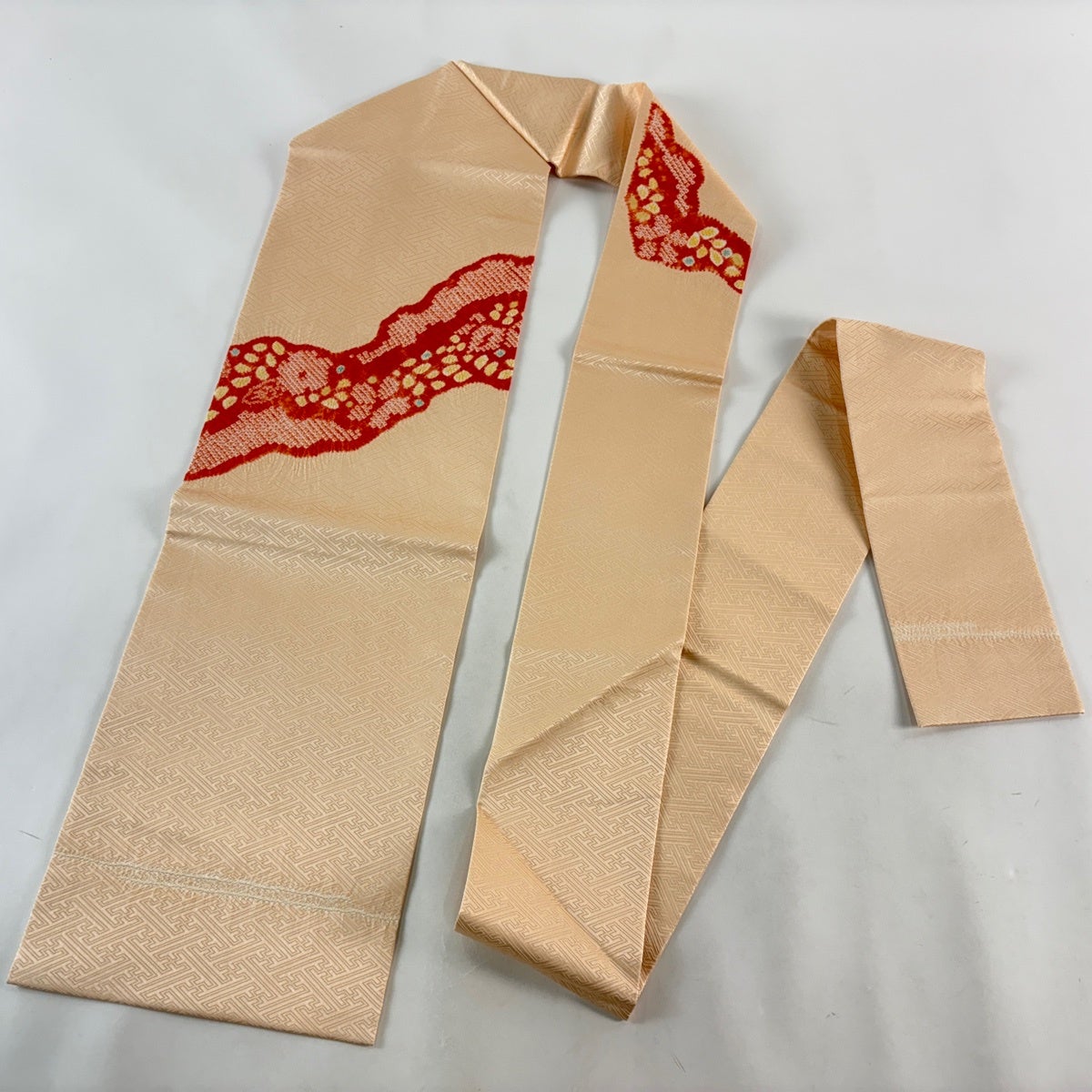 名古屋帯 優品 草花 幾何学模様 絞り 薄オレンジ 正絹｜中古・古着