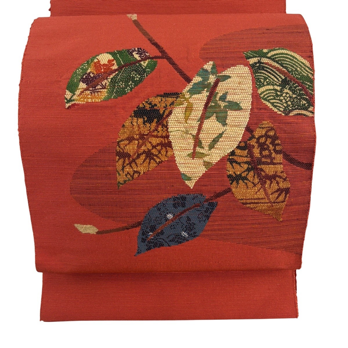 名古屋帯 優品 八寸名古屋帯 枝葉 草花 朱色 正絹｜中古・古着