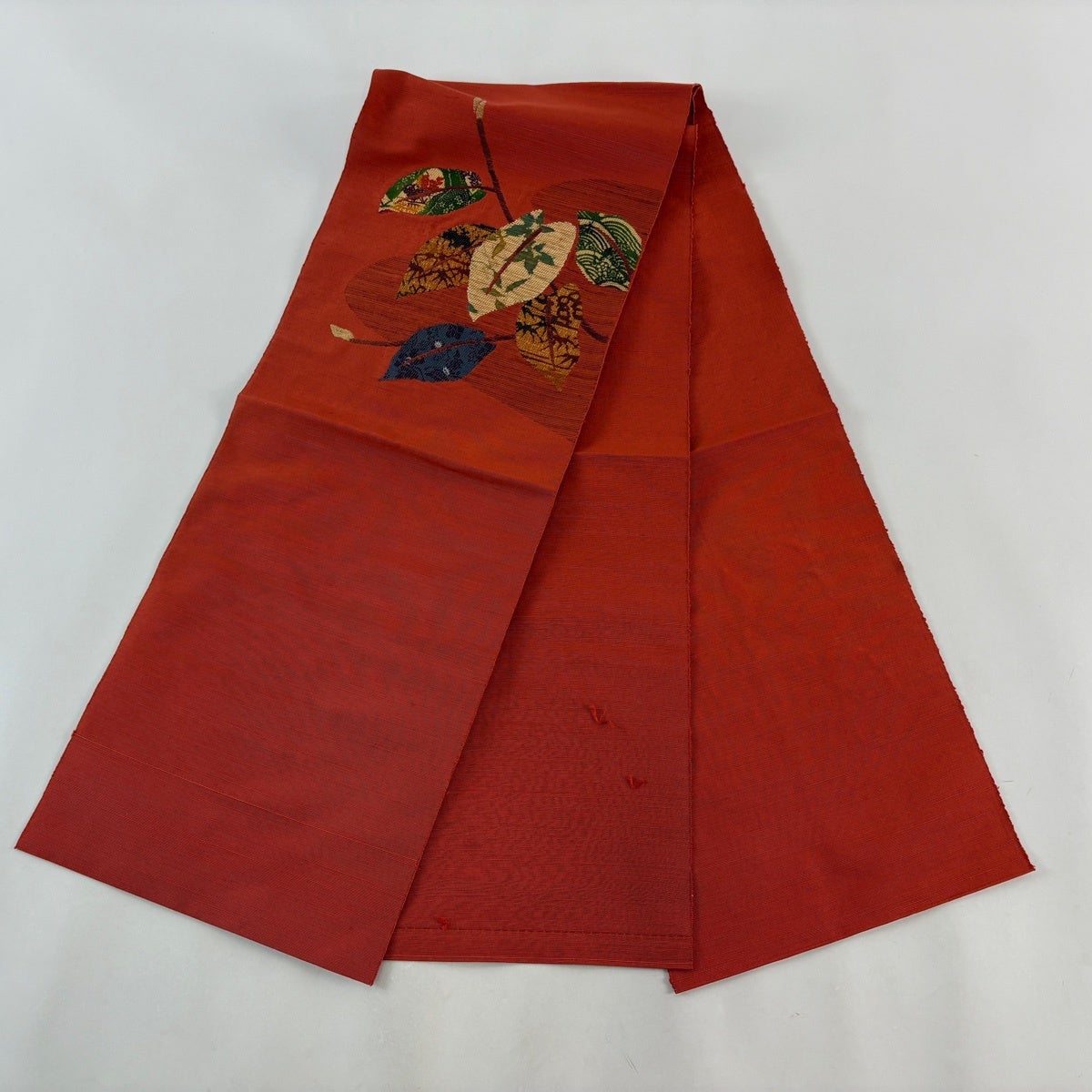 名古屋帯 優品 八寸名古屋帯 枝葉 草花 朱色 正絹｜中古・古着