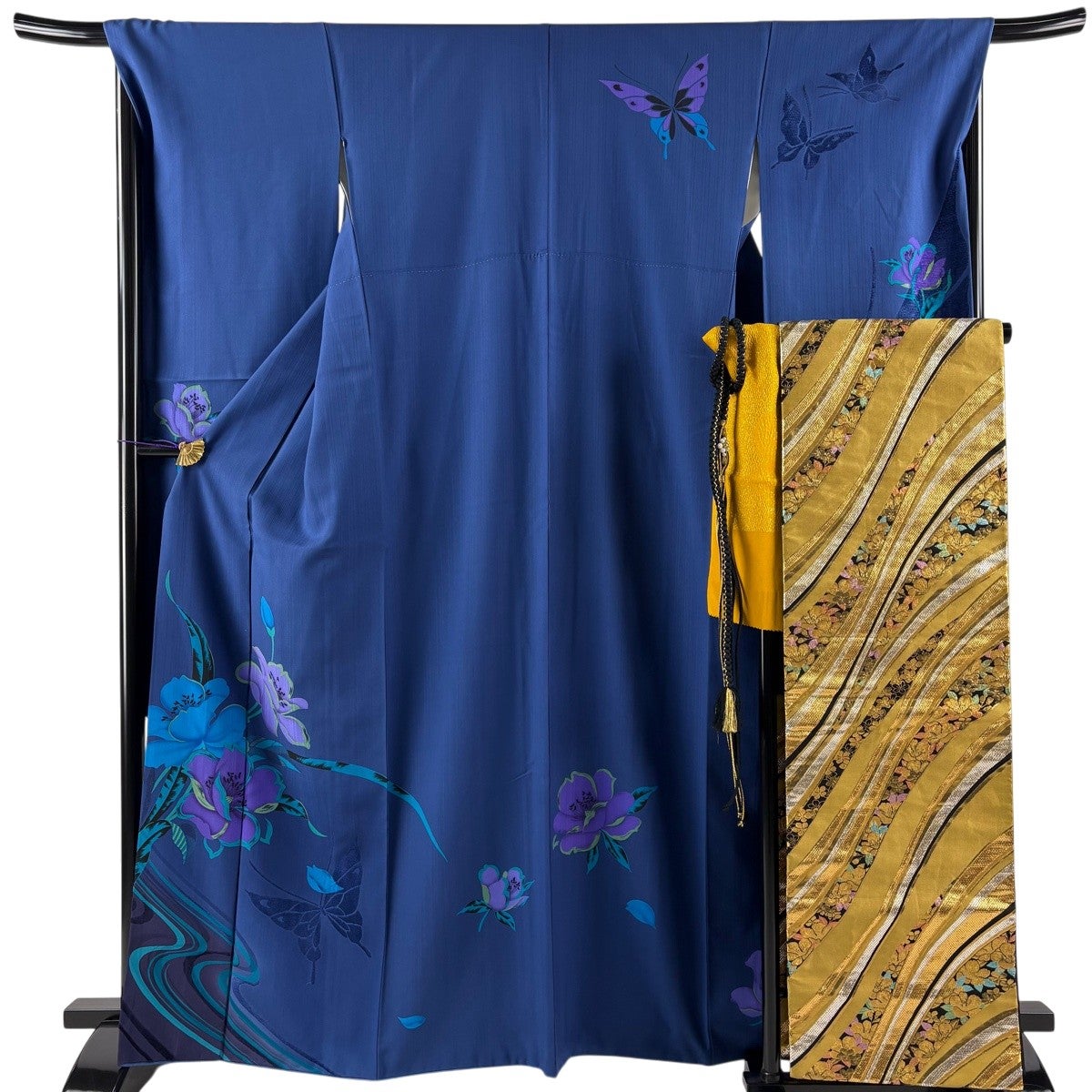美品】 振袖 身丈165cm 裄丈69cm L 袷 袋帯フルセット 草花 蝶